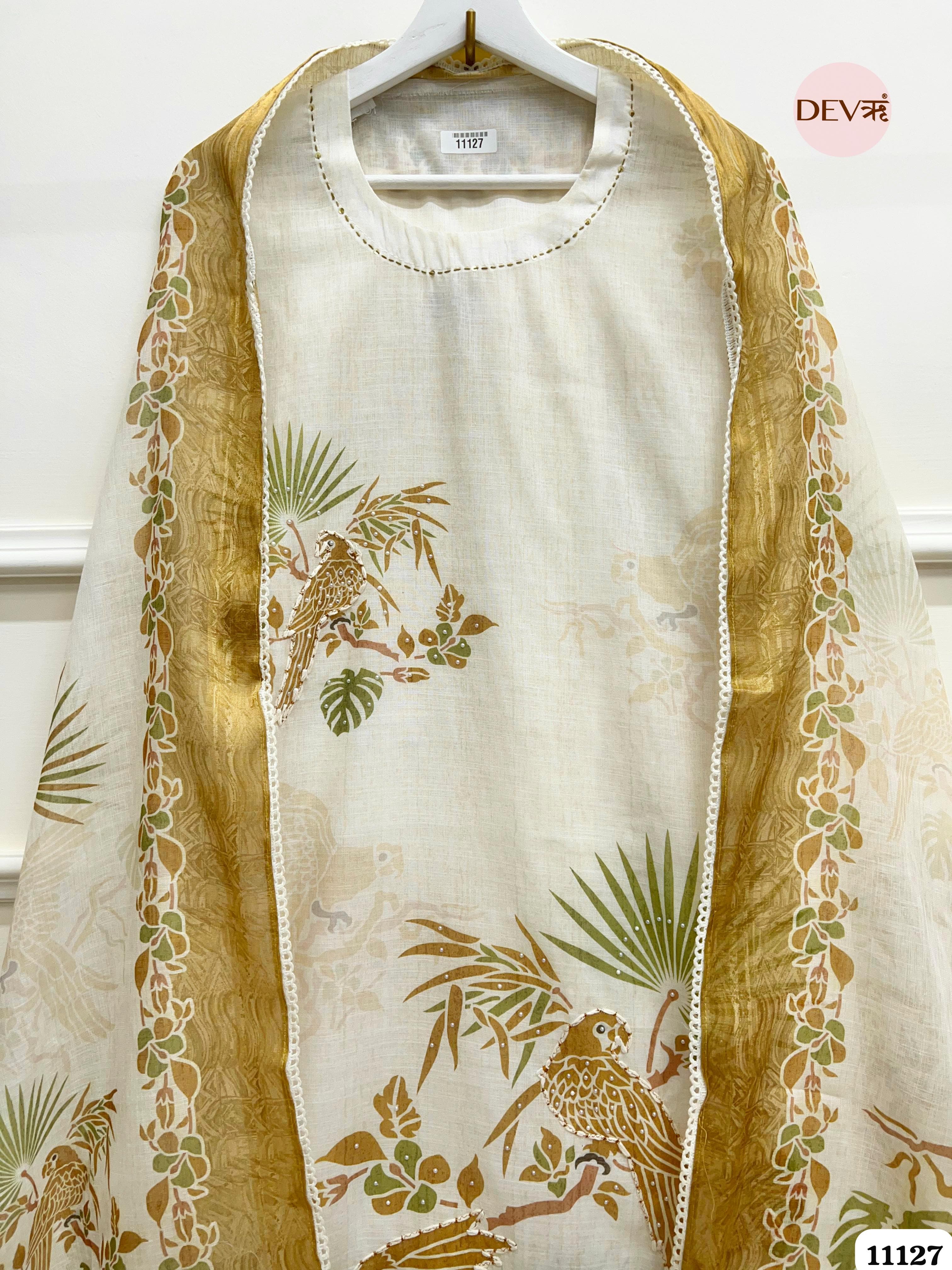 White Linen Unstitched Printed Embroidered -Set Of 3 {11127}