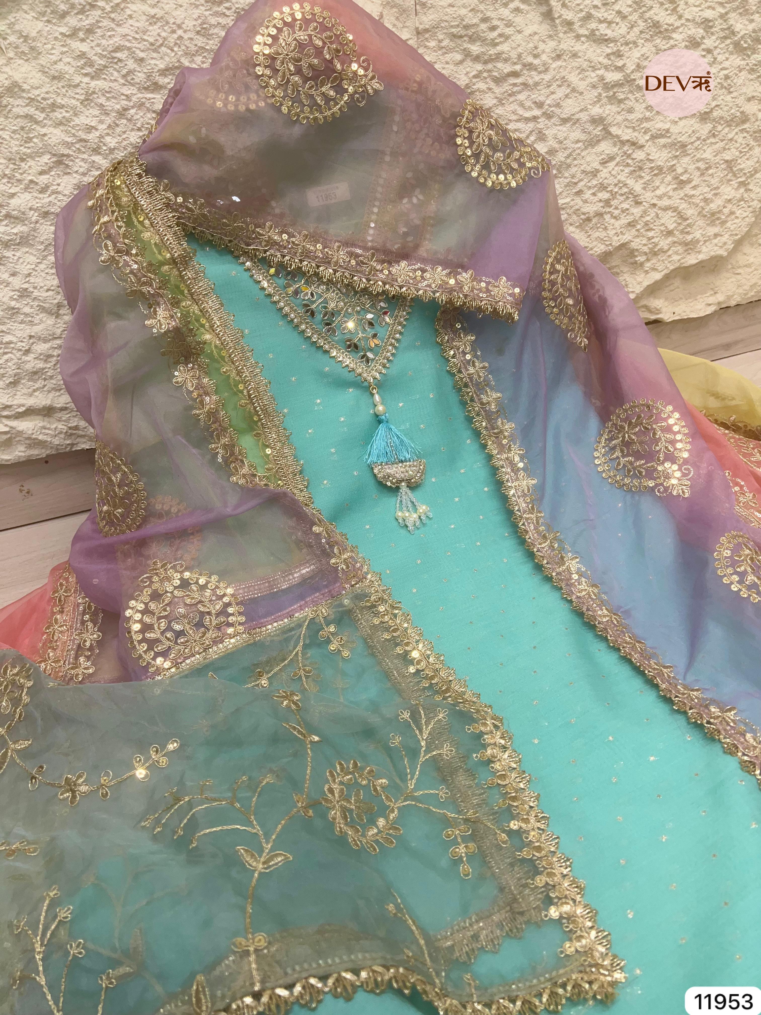 Blue Pure Shimmer Tissue Silk Unstitched Hand Embroidered -Set Of 3 - {11953}