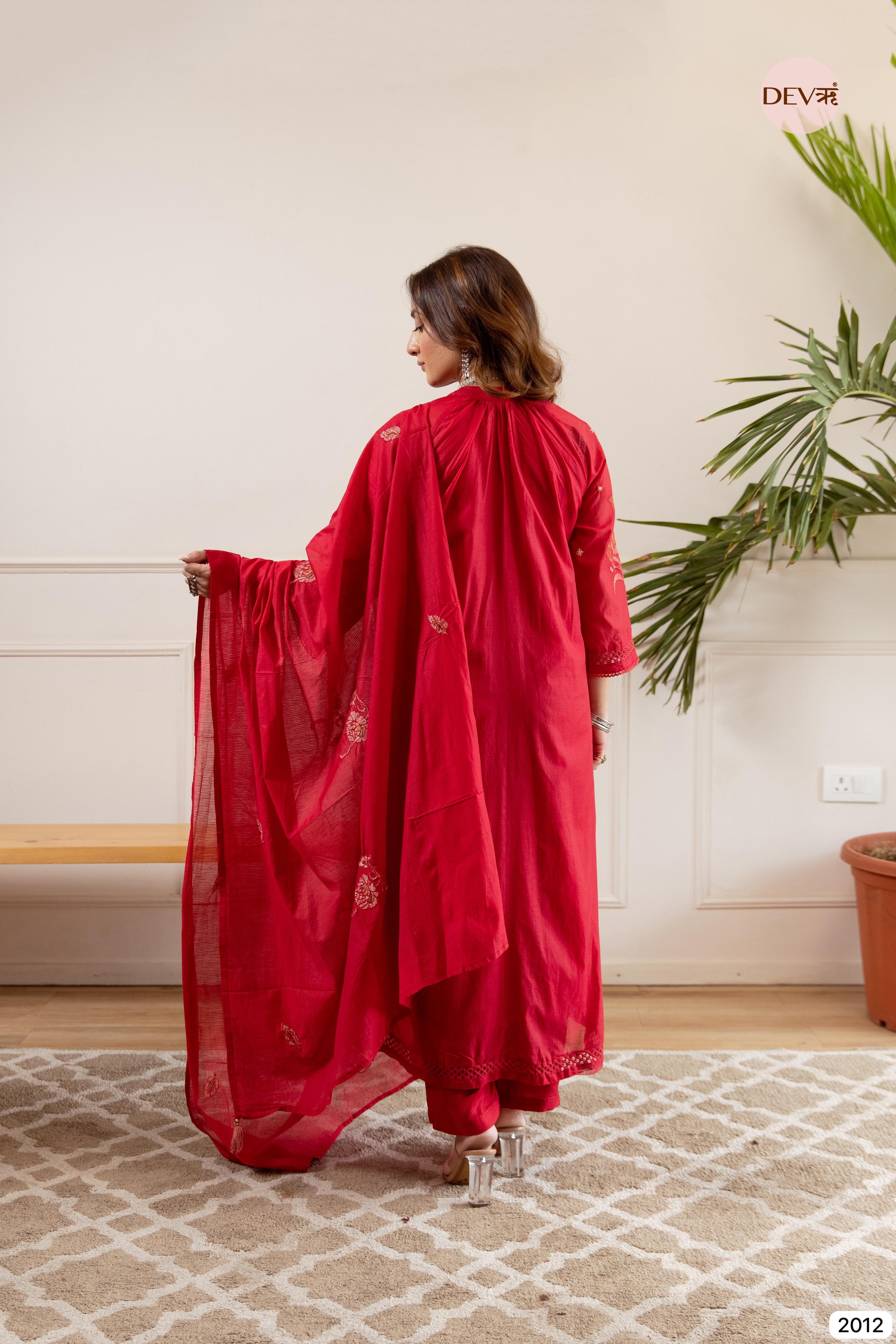 Red Crafted Airy Mul Chanderi -Set Of 3- {2012}