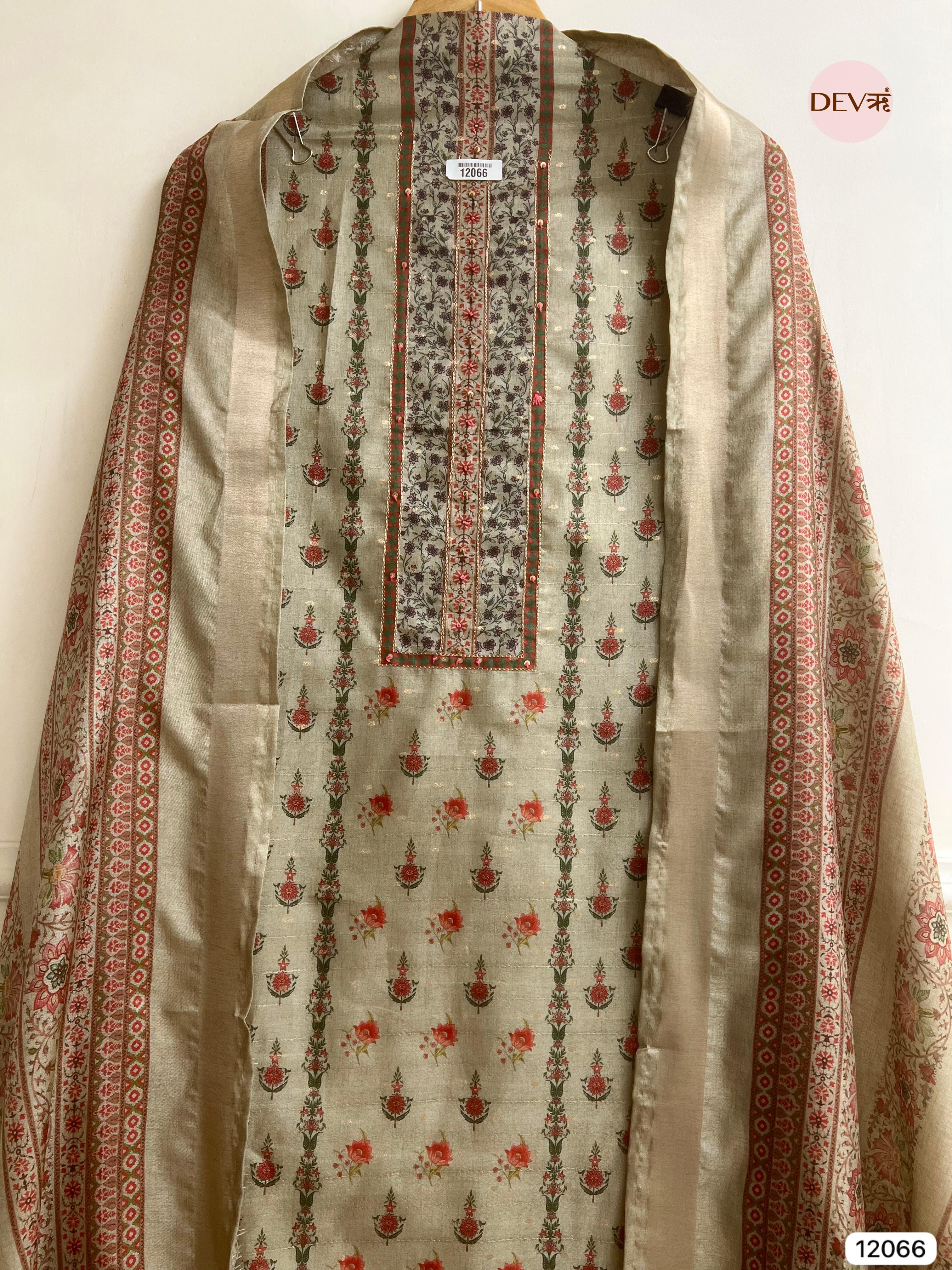 Peach Colour Raw Handloom Silk Unstitched Designer Printed With Hand Embroidery -Set Of 3 - {12066}