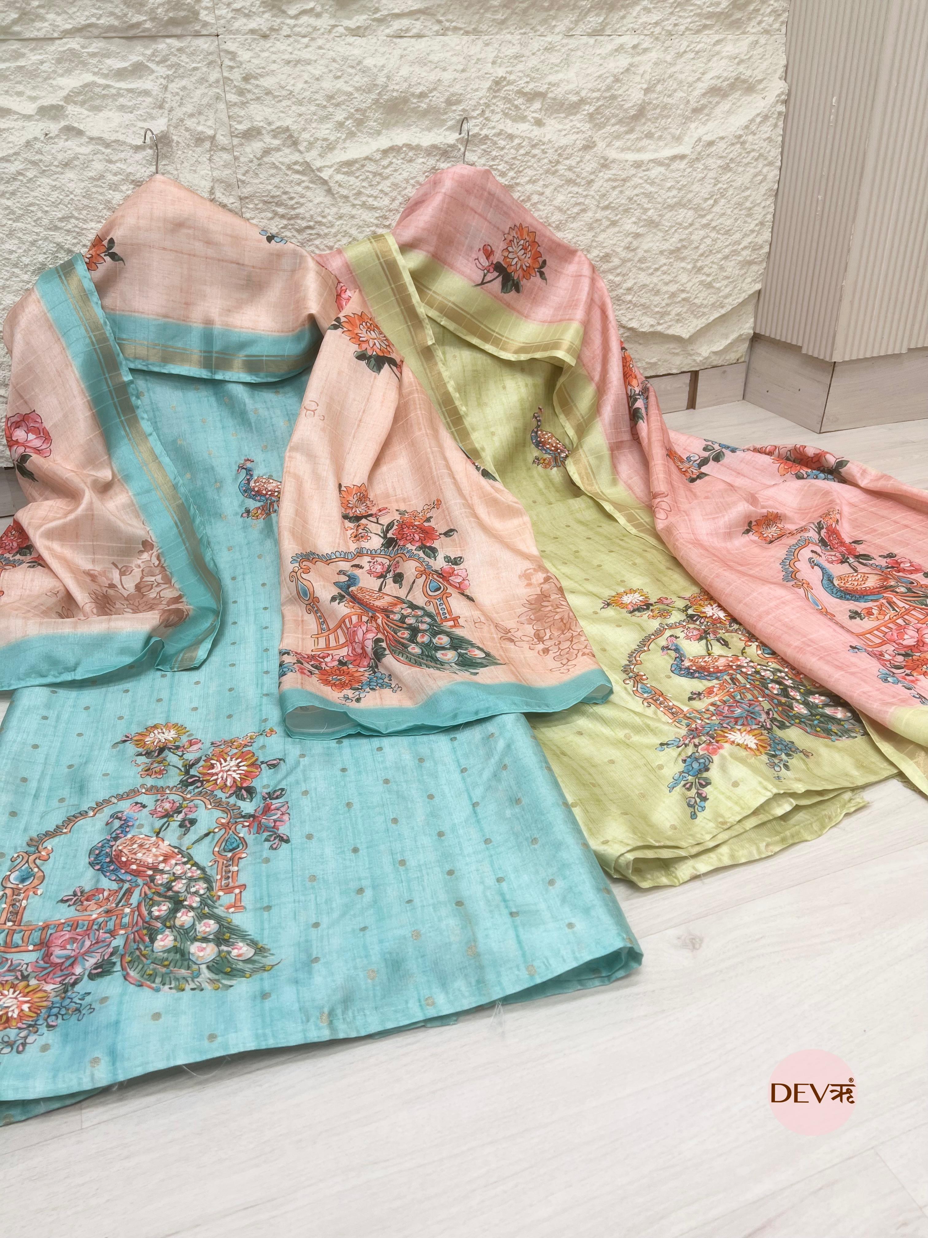 Light Blue Tusser Silk Unstitched Printed Hand Embroidered -Set Of 3- {11853}