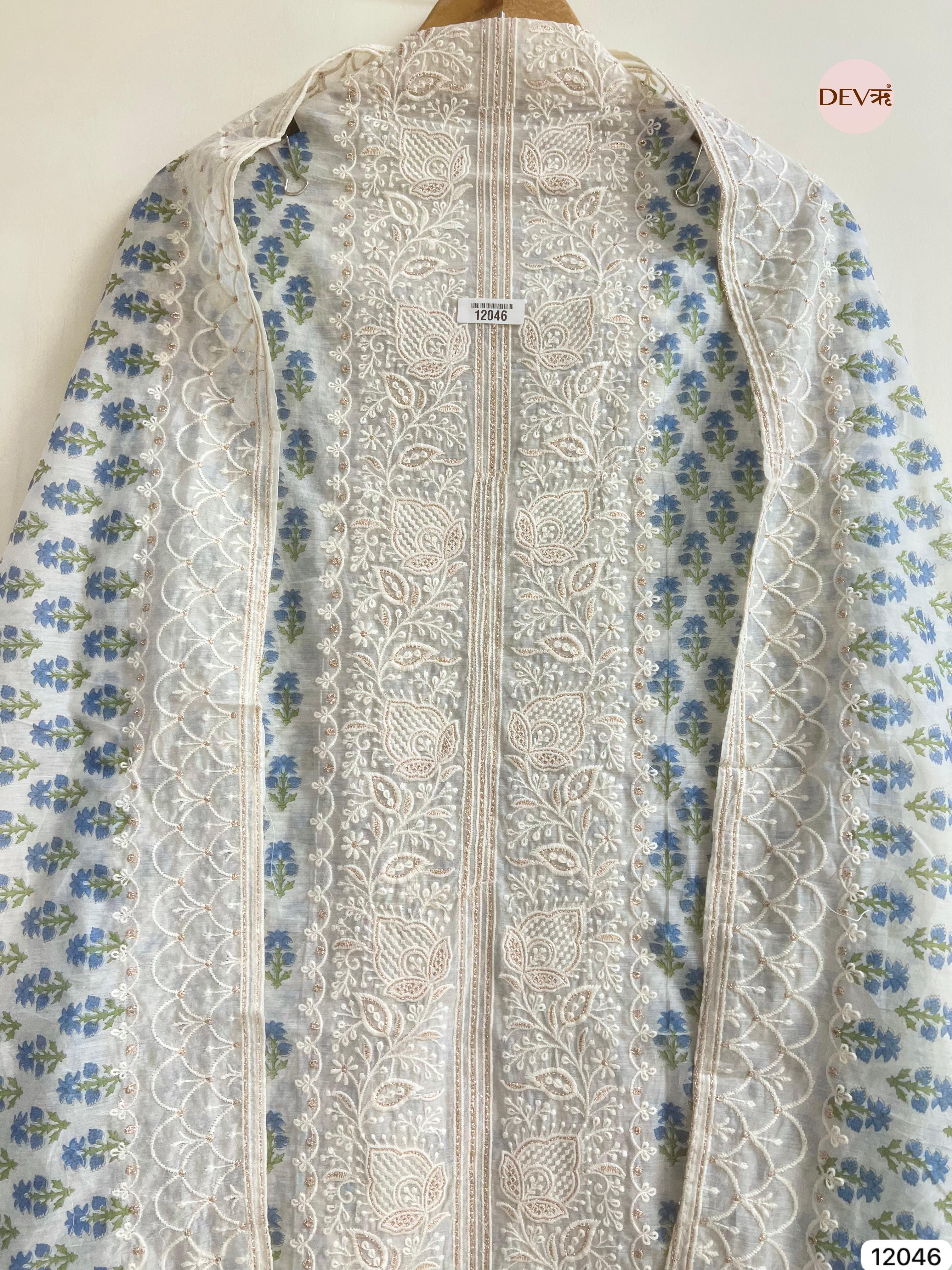 White & Blue Mul Chanderi Unstitched Block Printed Lucknawi Embroidered -Set Of 3 - {12046}