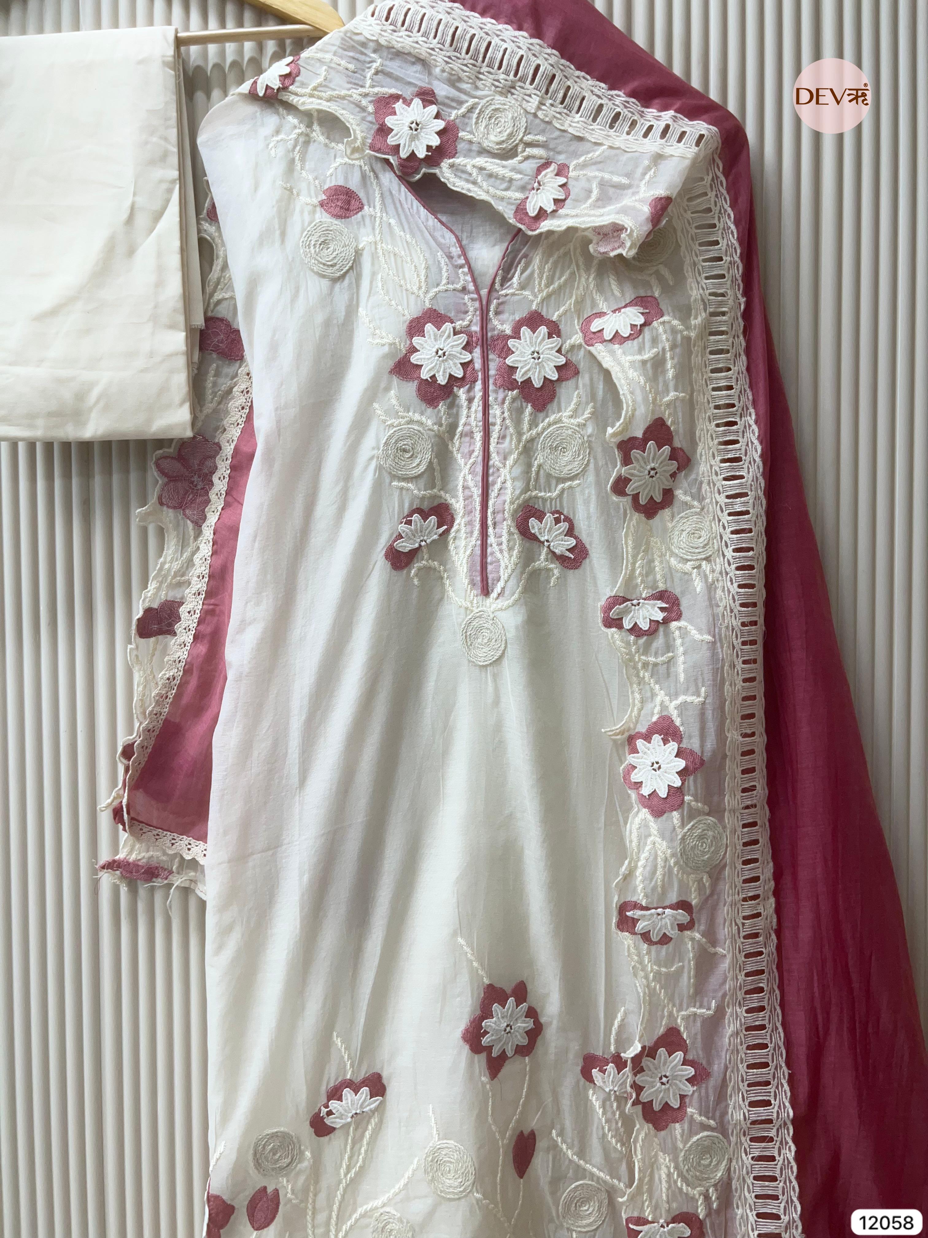 White Mul Chanderi Unstitched With Hand Embroidered -Set Of 3 - {12058}