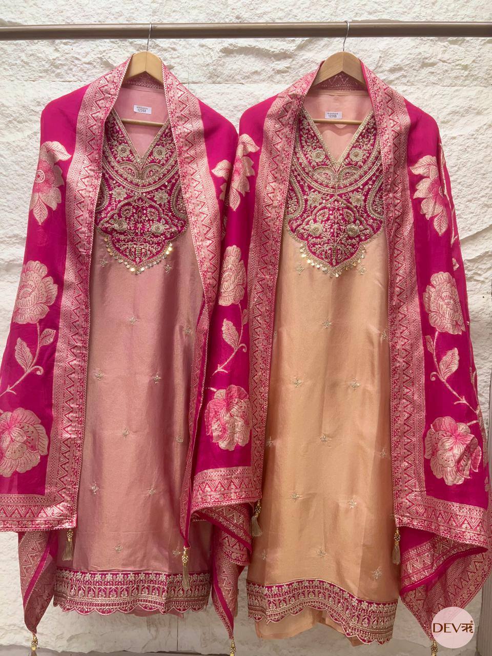 Rose–Rani Tissue Shimmer Silk Embroidered Unstitched 3-Piece Suit (Devri – D.No 12268)