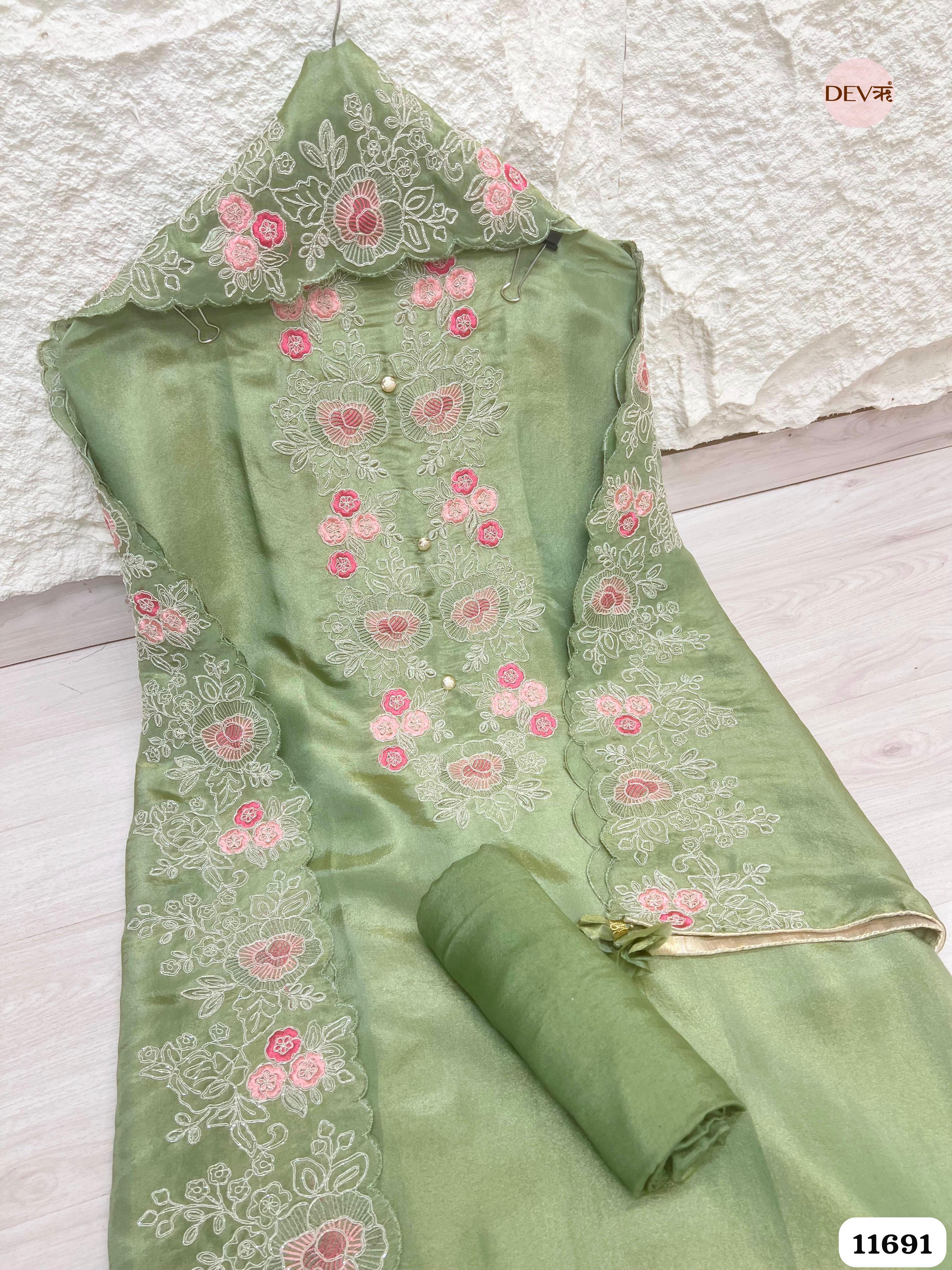 Green Tissue Silk Unstitched Embroidered -Set Of 3 {11691}