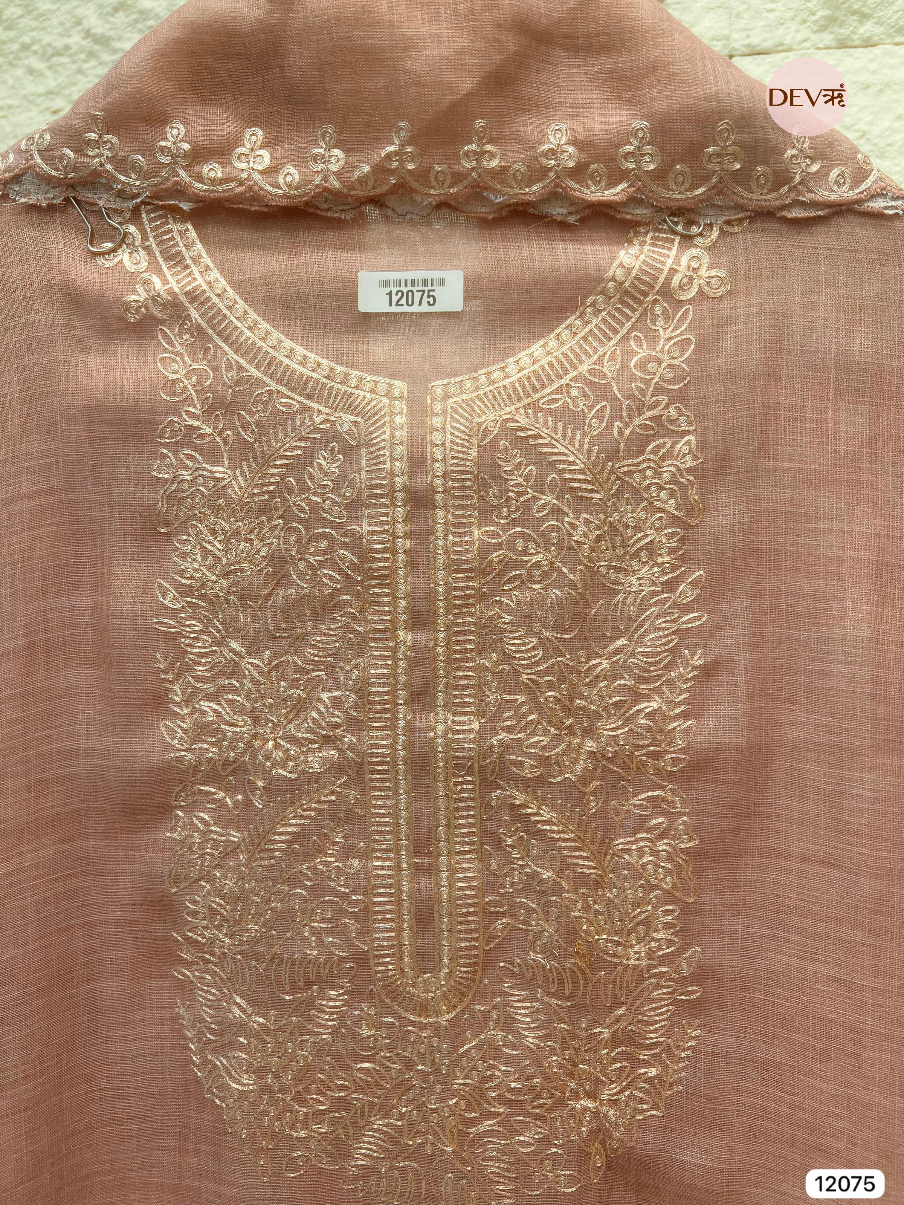 Brown Pure Linen Unstitched Zardosi Embroidered -Set Of 3 - {12075}