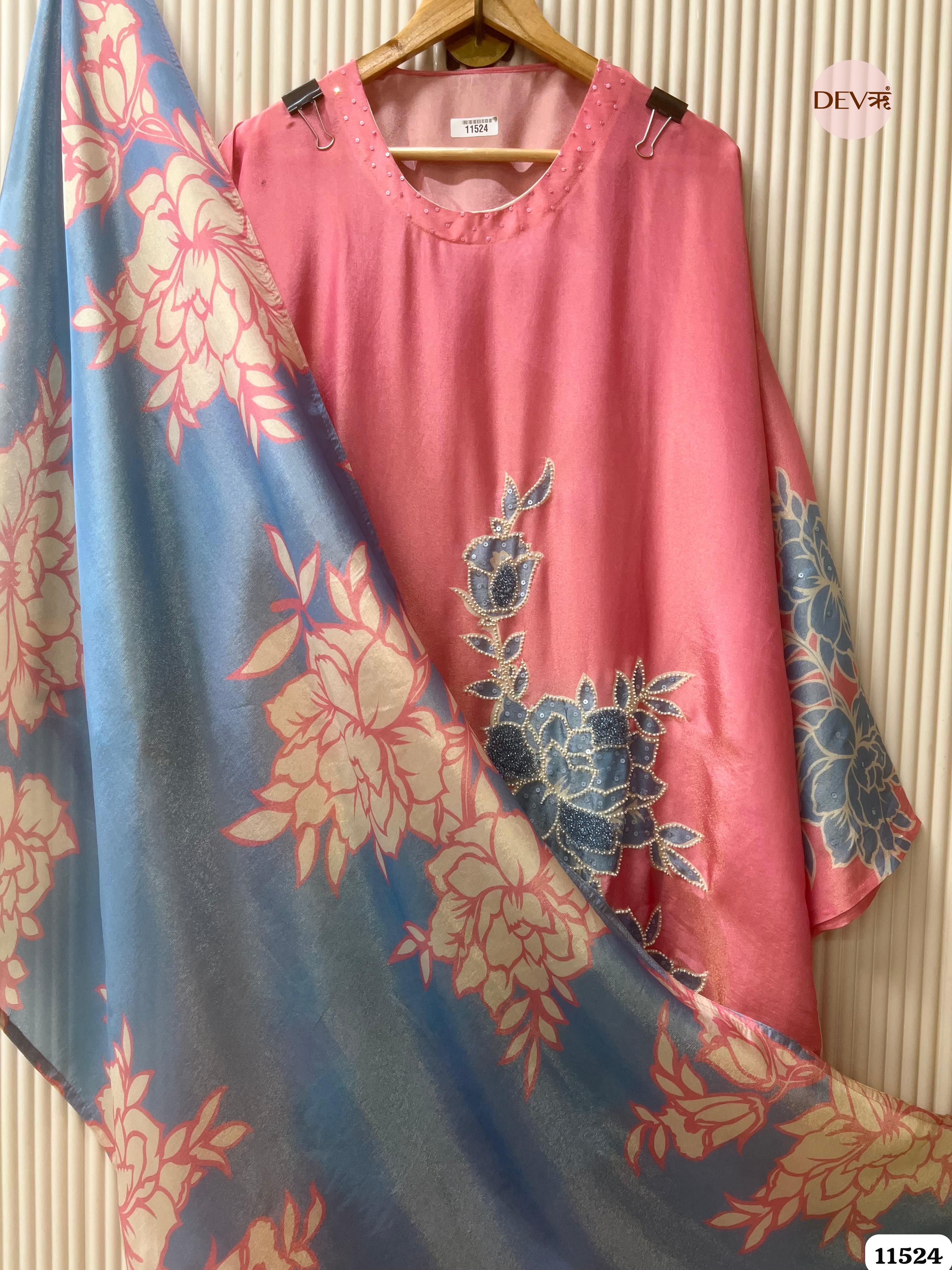 Pink Tissue Silk Semi stitched Printed Embroidered -Set Of 3