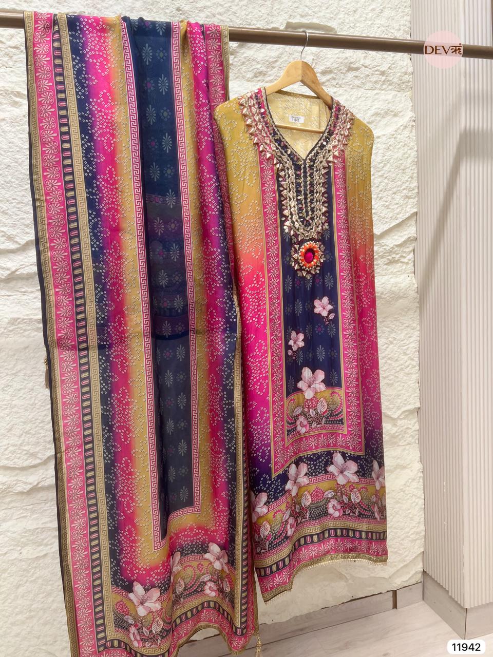 Blue Tissue Shimmer Silk Unstitched Printed Hand Embroidered -Set Of 3 - {11942}