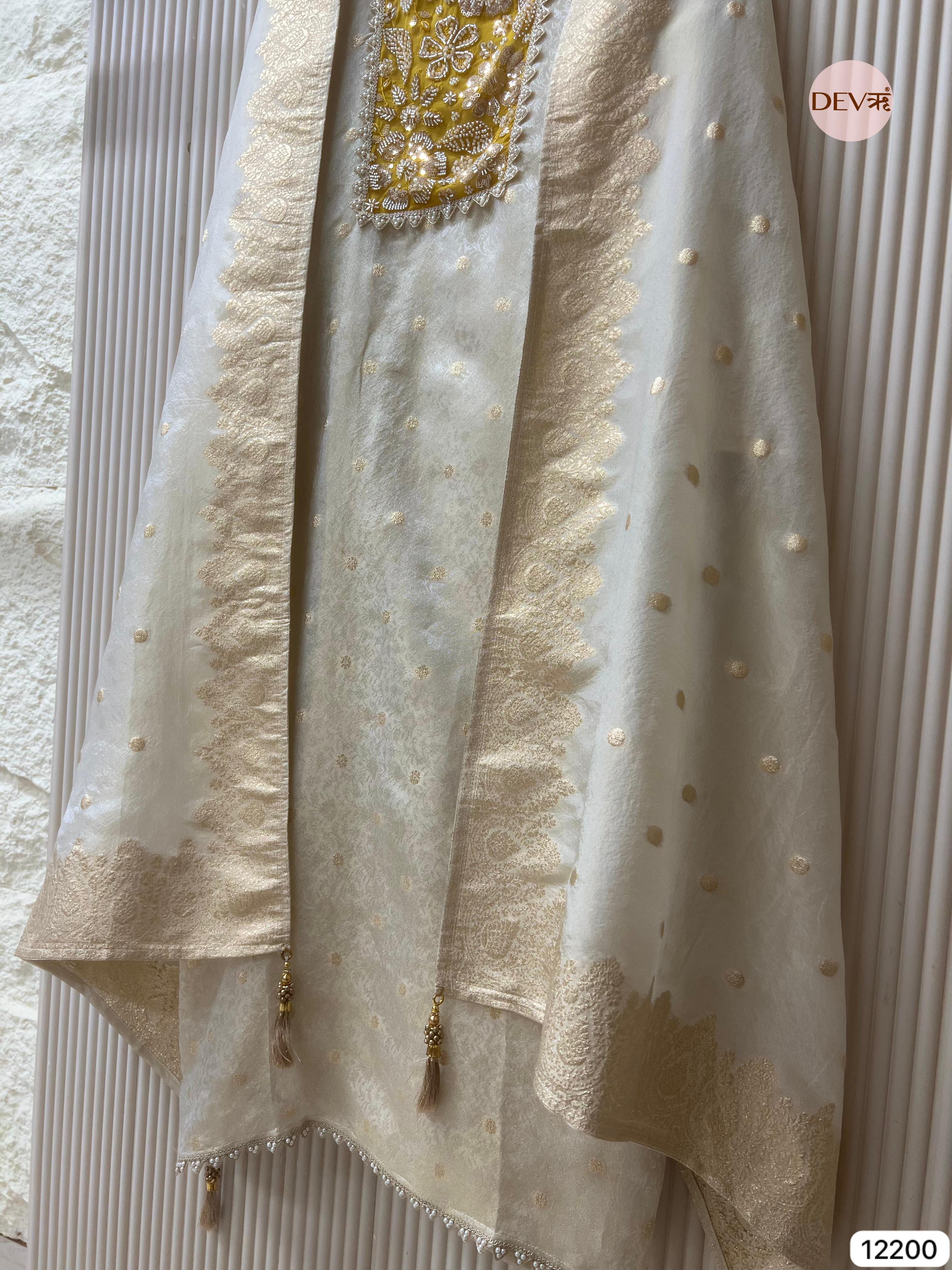 Off white Pure Shimmer Silk Unstitched Banarasi Woven -Set Of 3- {12200}