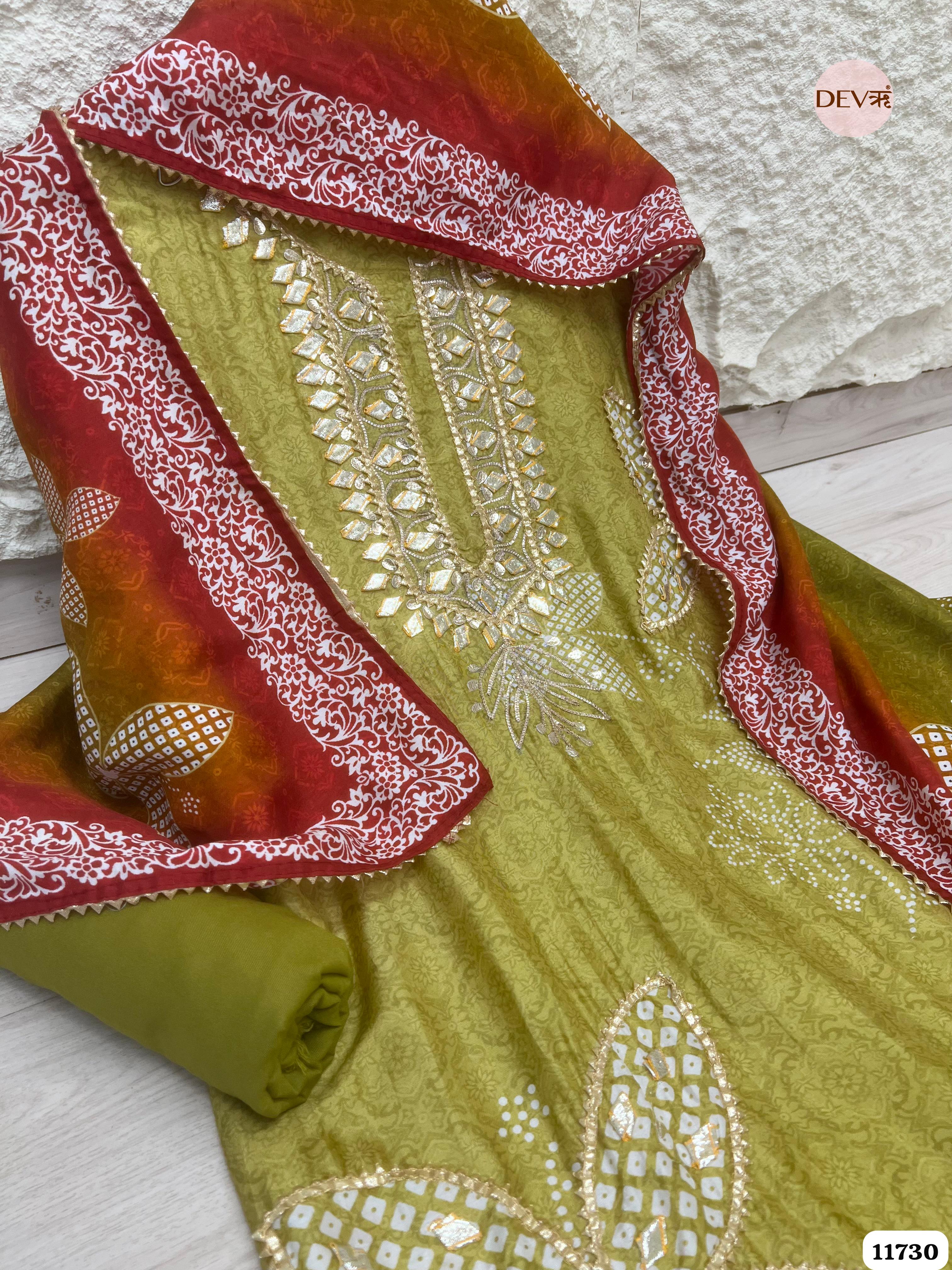 Green Russian Silk Semi Stitched Printed Hand Embroidered -Set Of 3- {11730}