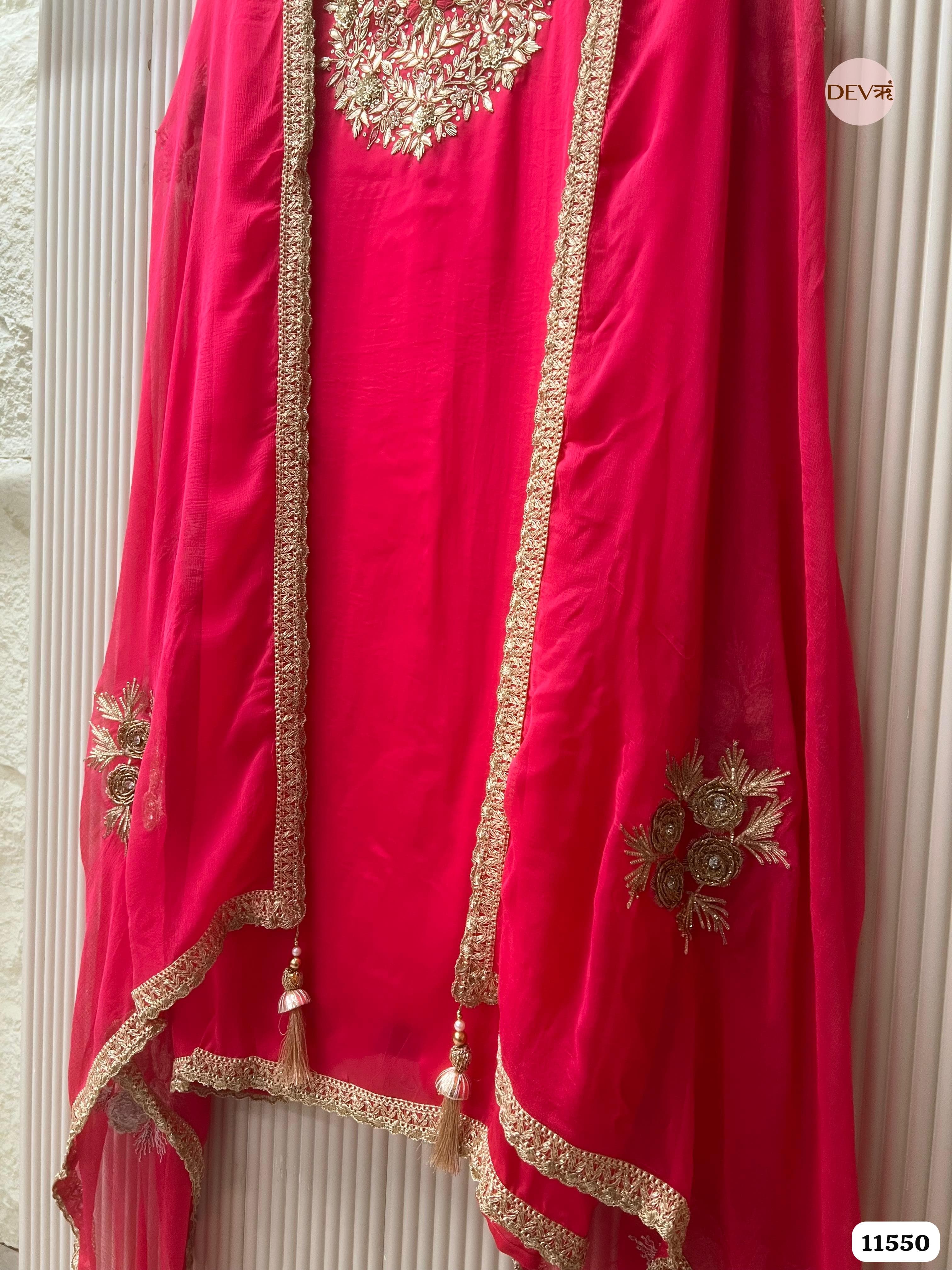 Pink Pure Organza Silk Unstitched Hand Embroidered -Set Of 3 {11550}