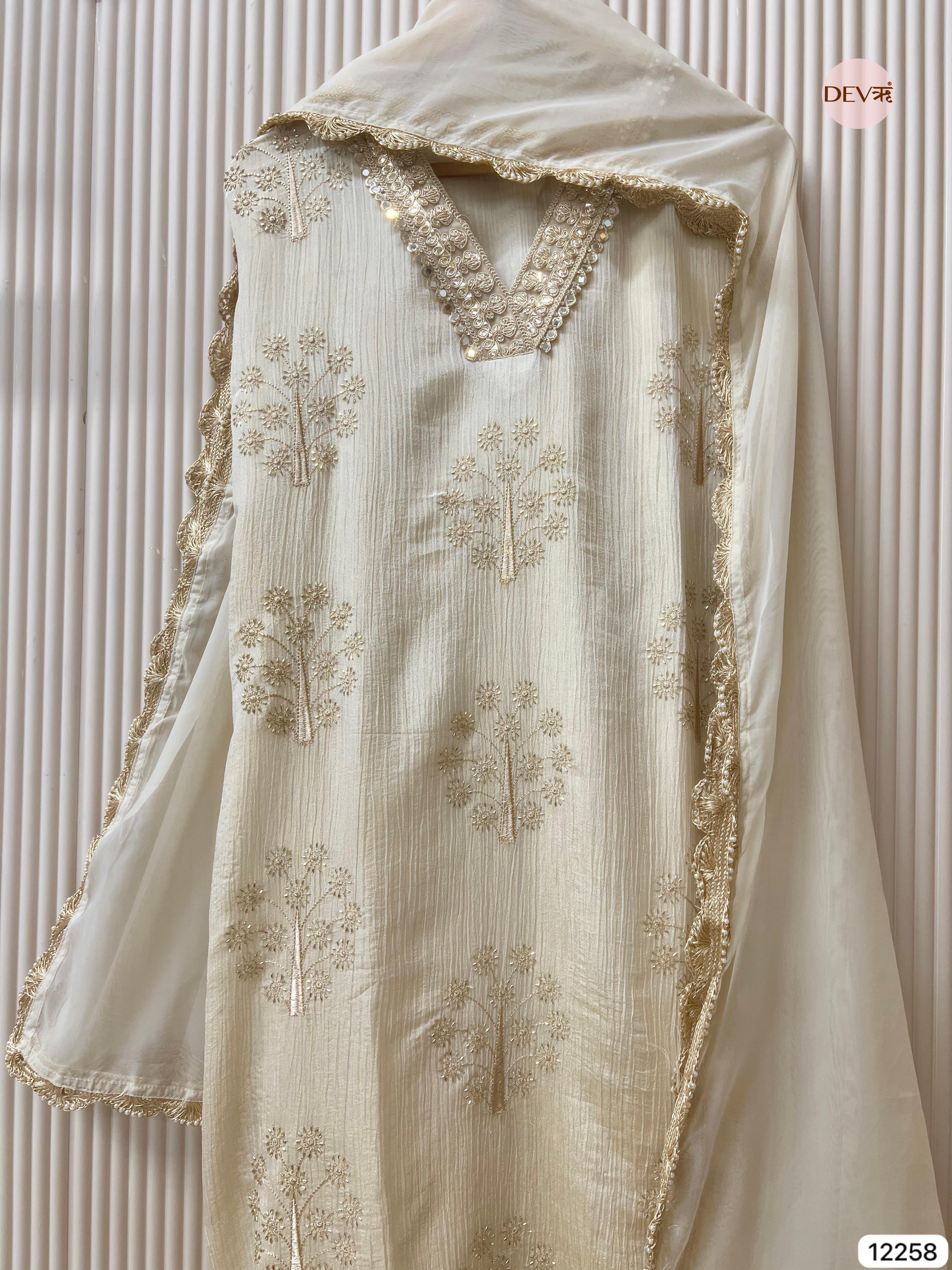 Ivory Chinon Embroidered Unstitched 3-Piece Suit (Devri – D.No 12258)