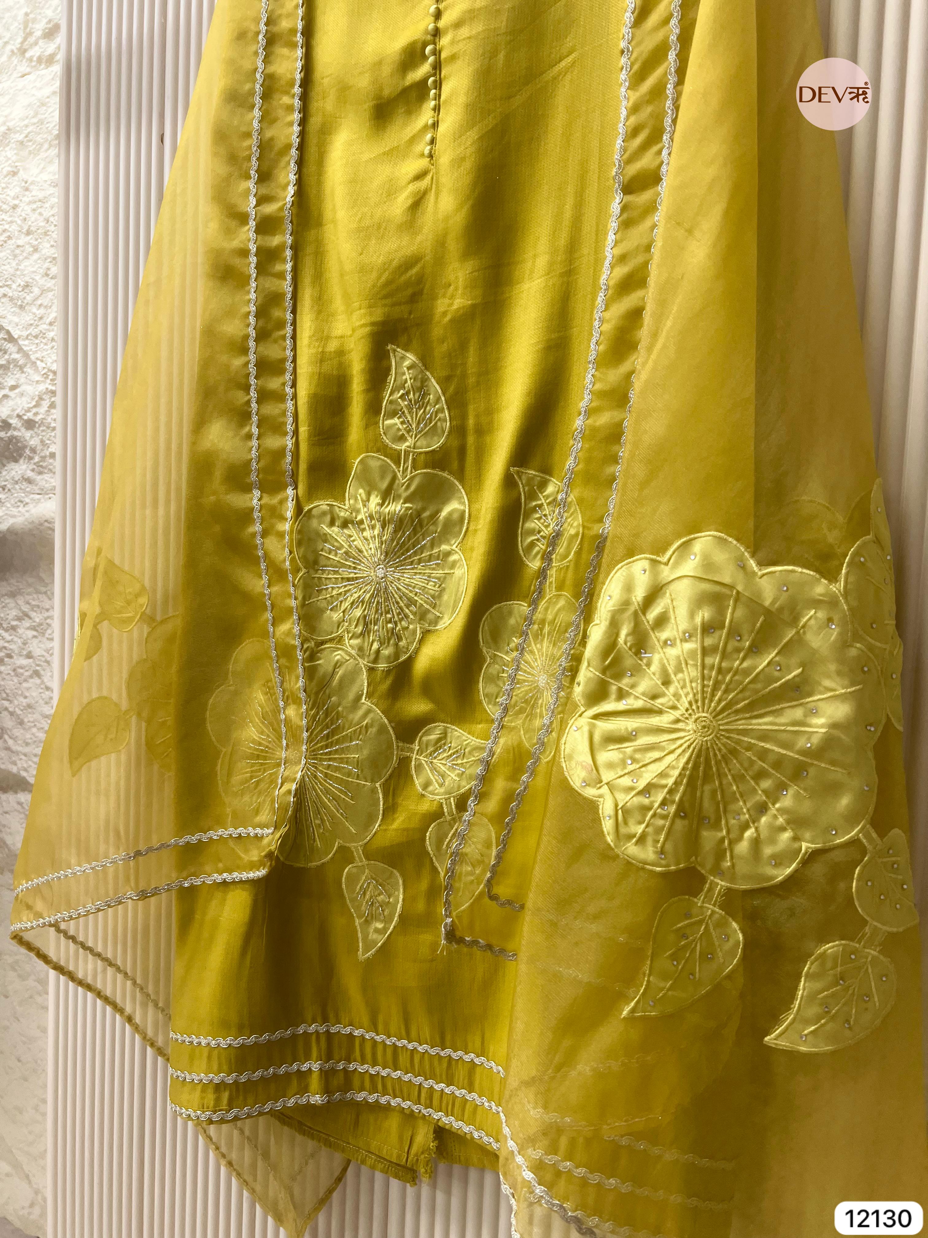 Yellow Shimmer Silk Unstitched Applique Embroidered -Set Of 3 - {12130}