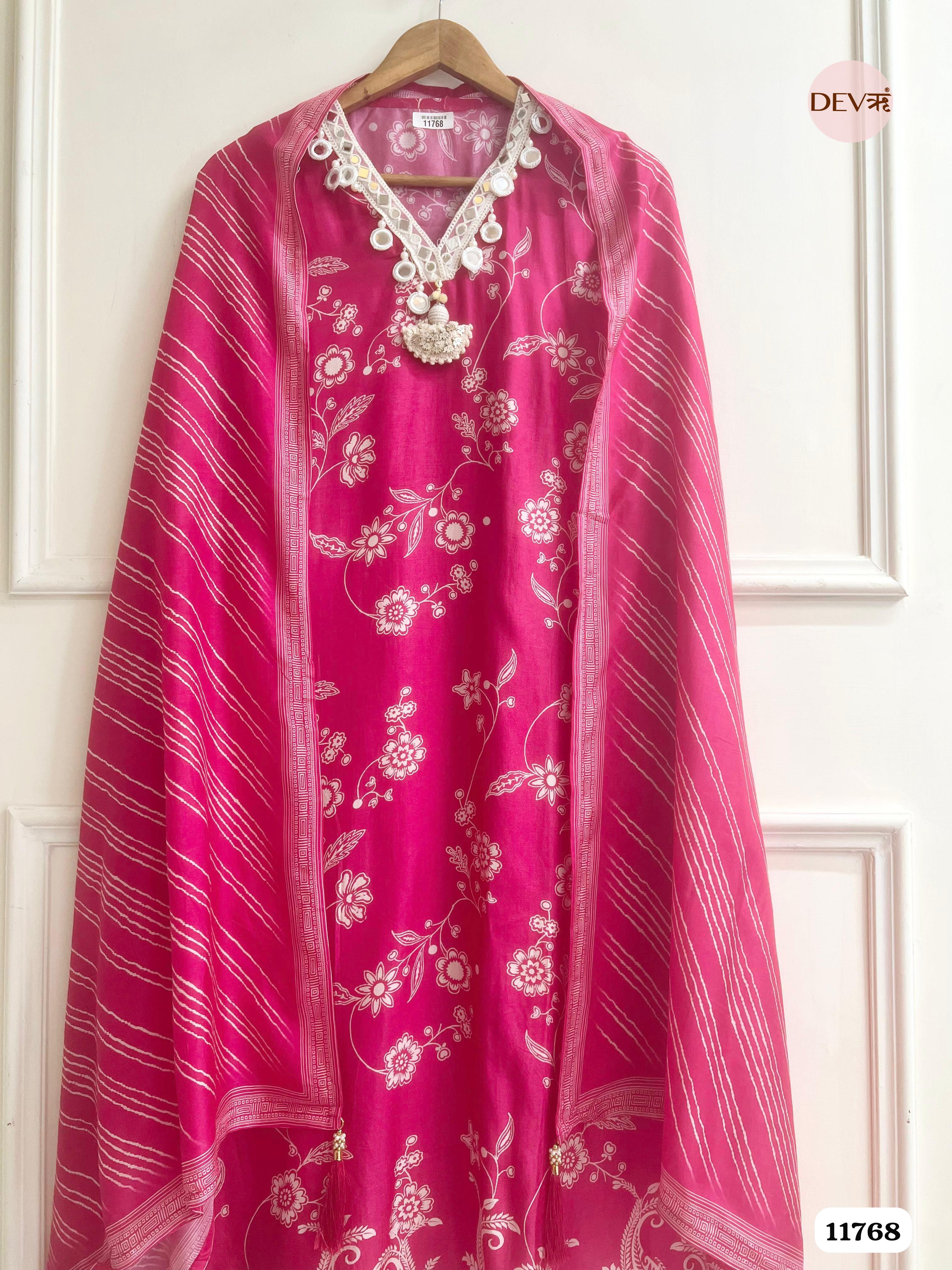 Pink Russian Silk Unstitched Printed Hand Embroidered -Set Of 3 {11768}