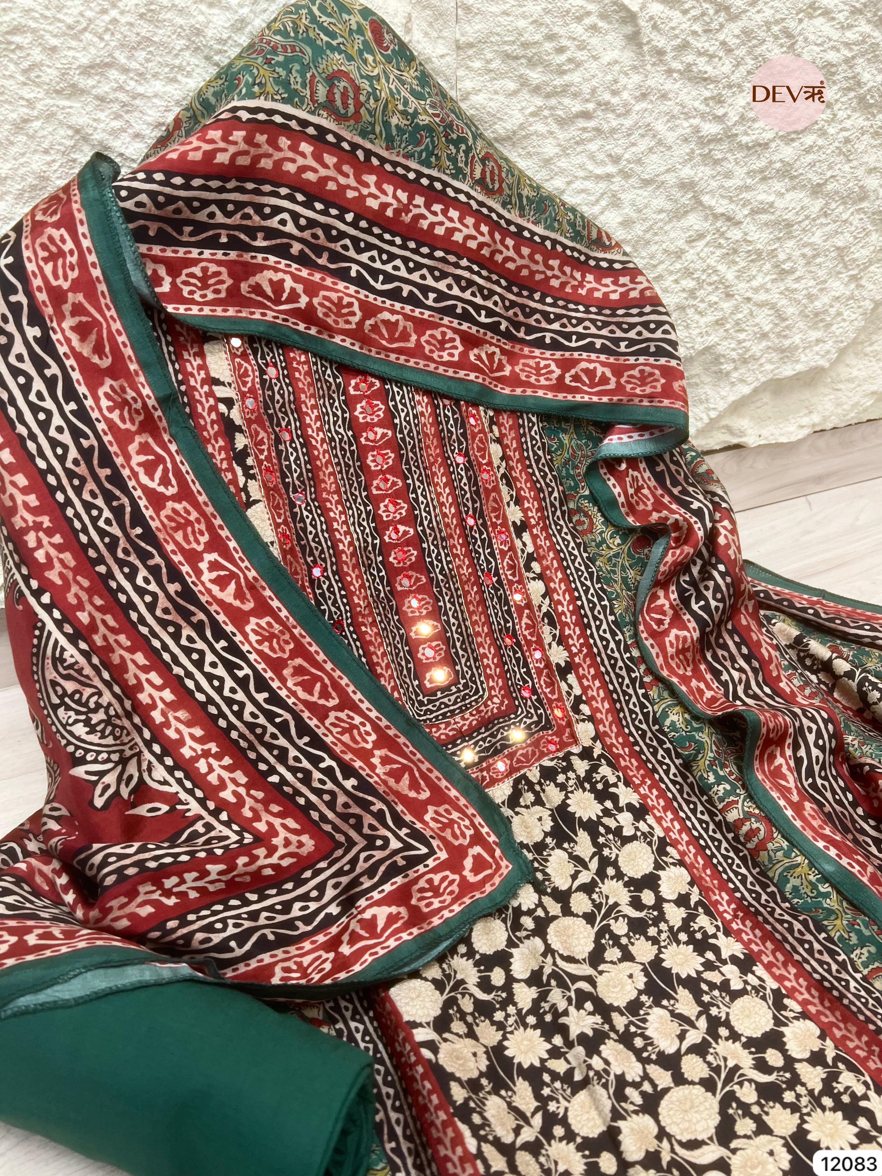 Multi colour Pure Muslin Unstitched Printed Embroidered -Set Of 3 - {12083}