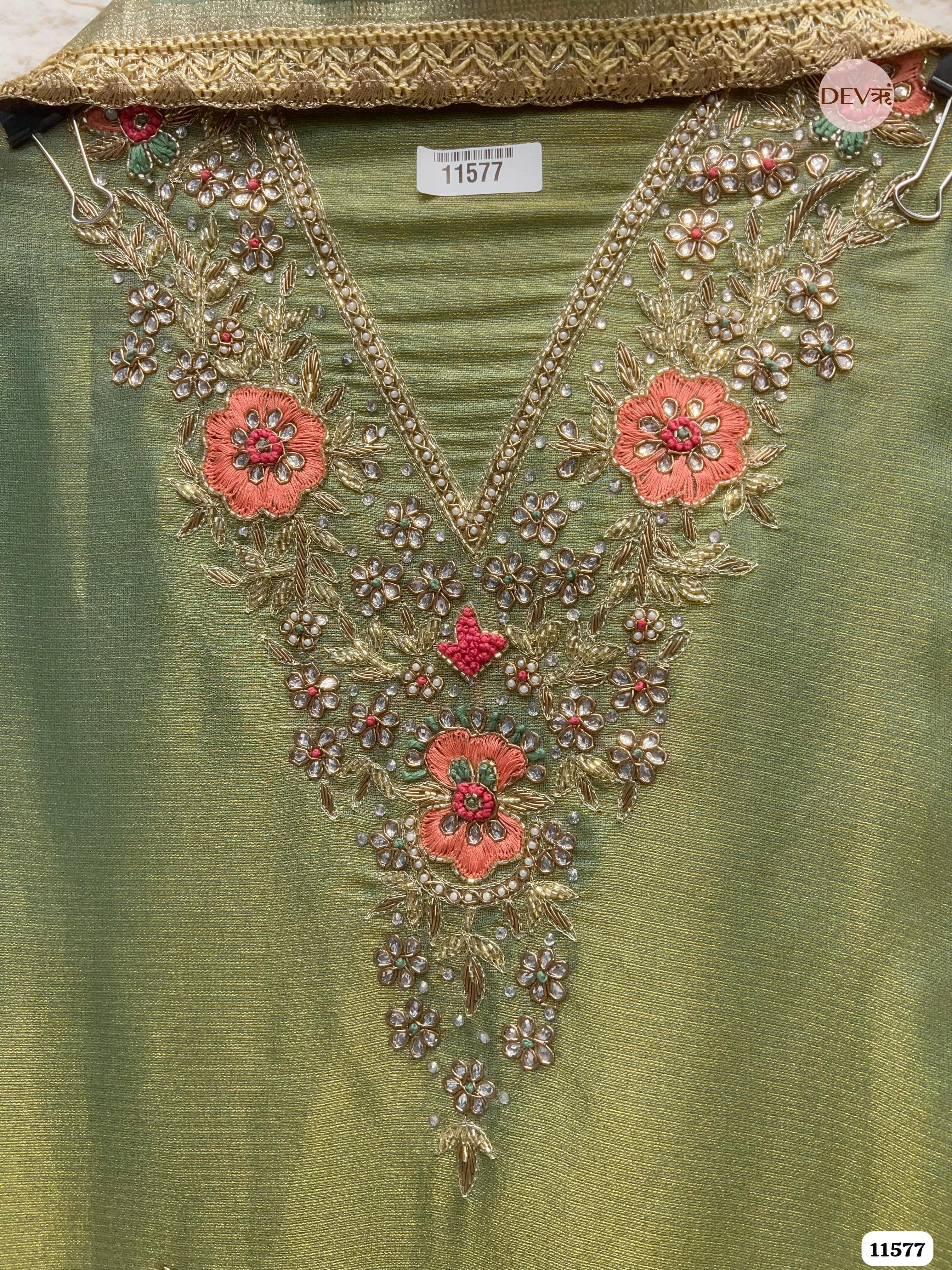 Green Pure Tissue Silk Unstitched Hand Embroidered -Set Of 3 {11577}