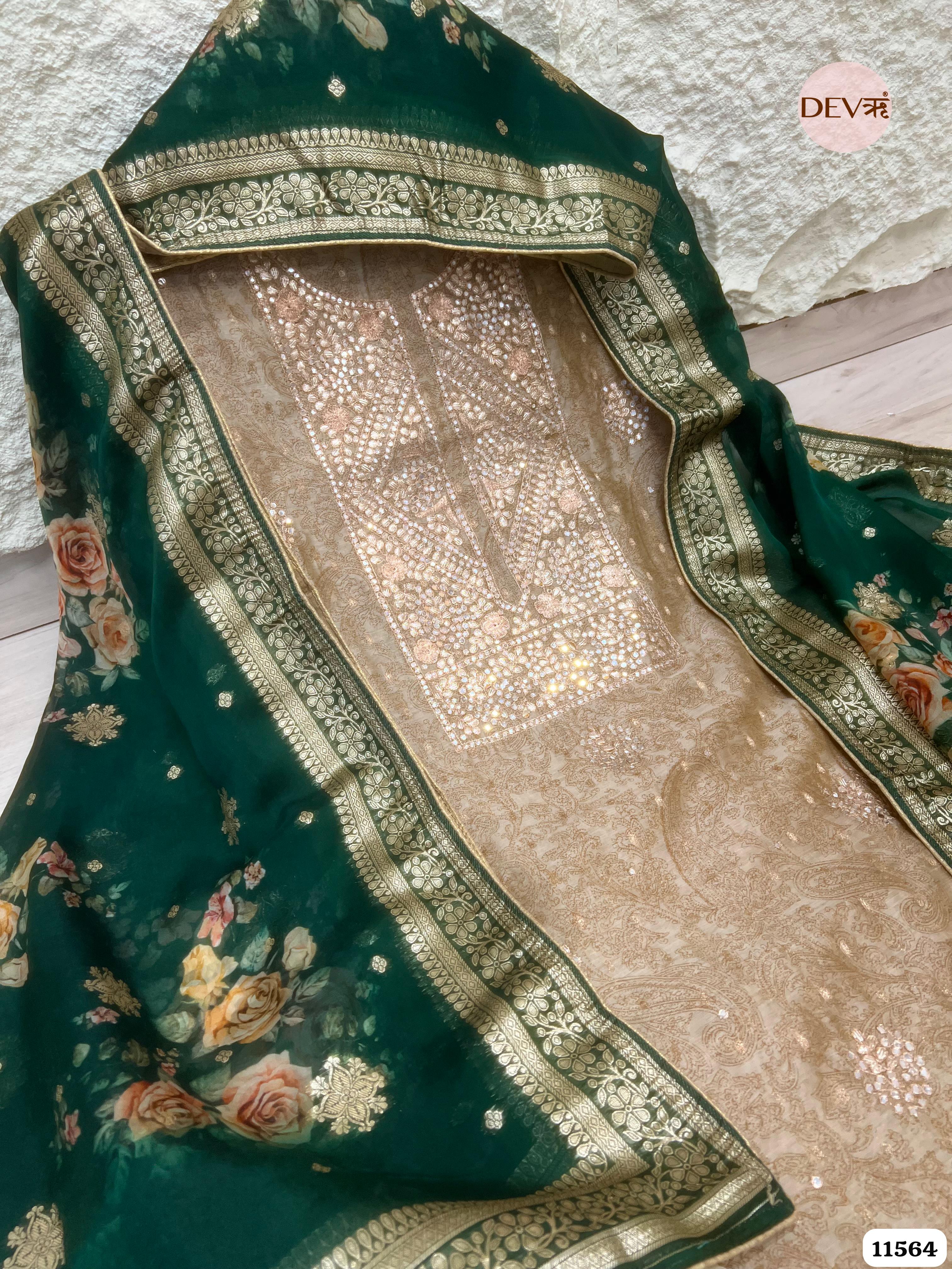 Cream Colour Pure Organza Silk Printed Unstitched Hand Embroidered -Set Of 3 {11564}