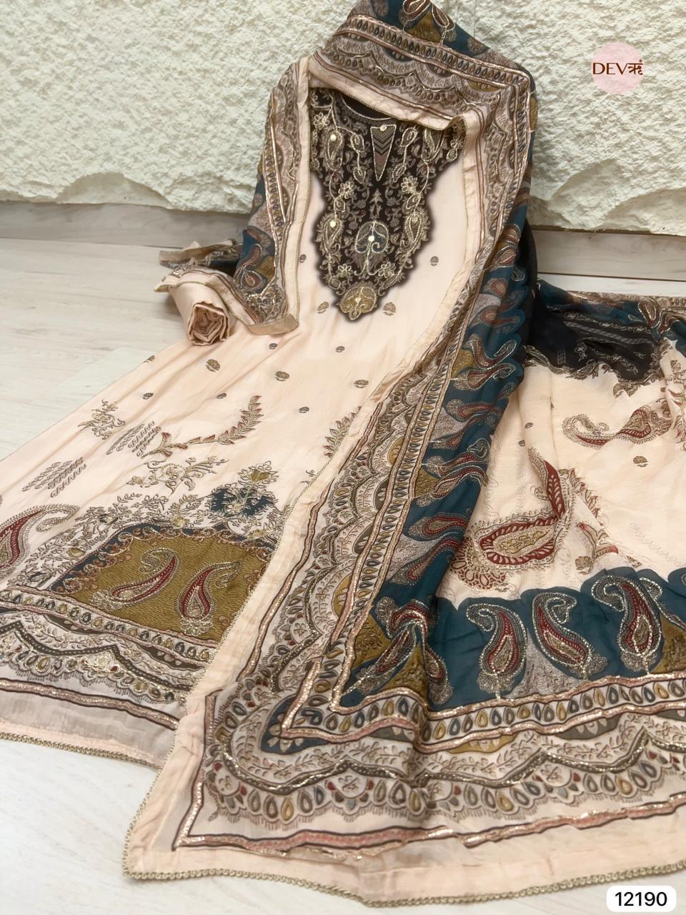 Soft Cream Muslin Printed Unstitched 3-Piece Suit (Devri – D.No 12190)