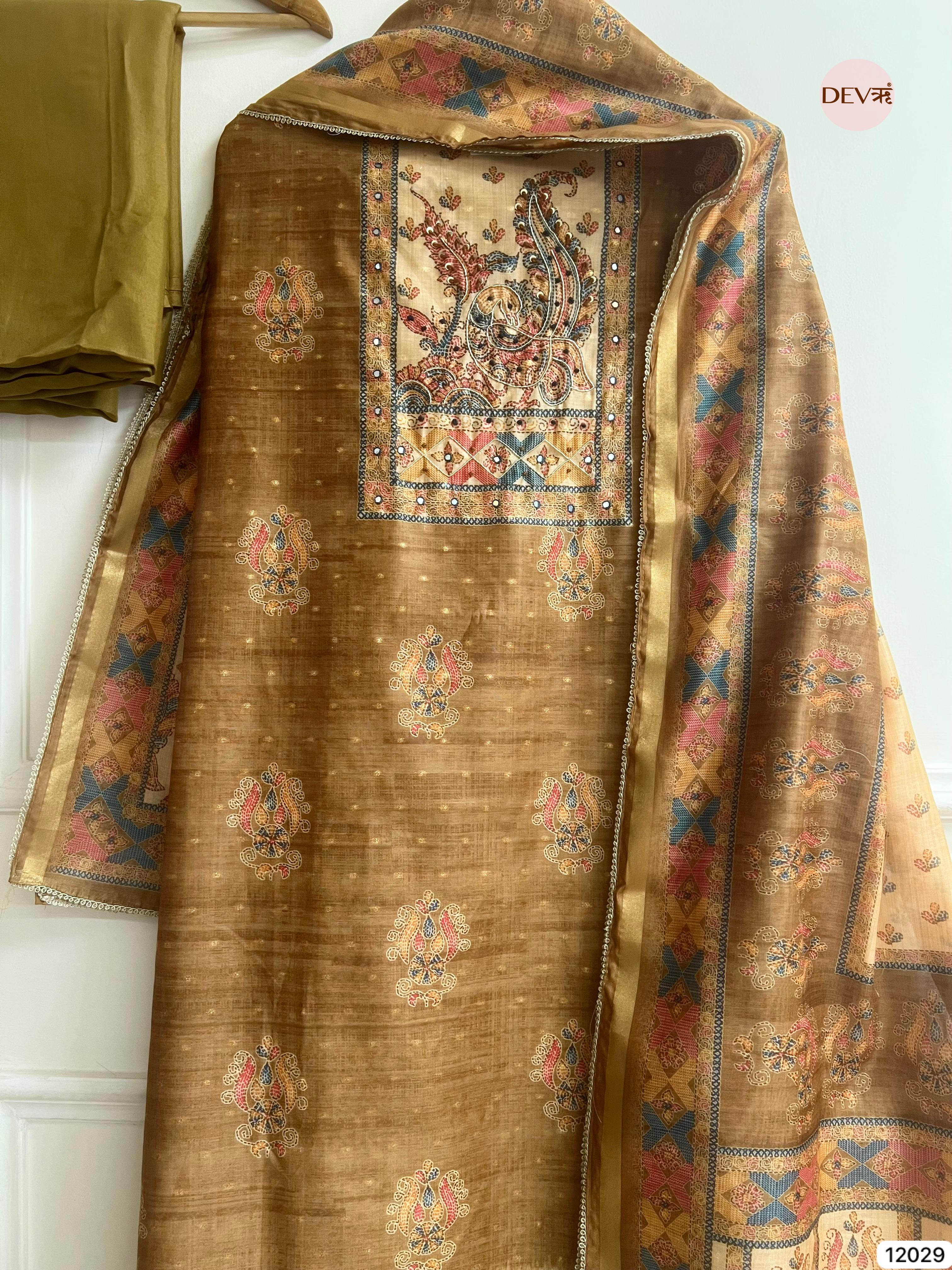 Golden-Brown Tusser Khadi Silk Printed Unstitched Hand Embroidered -Set Of 3 - {12029}