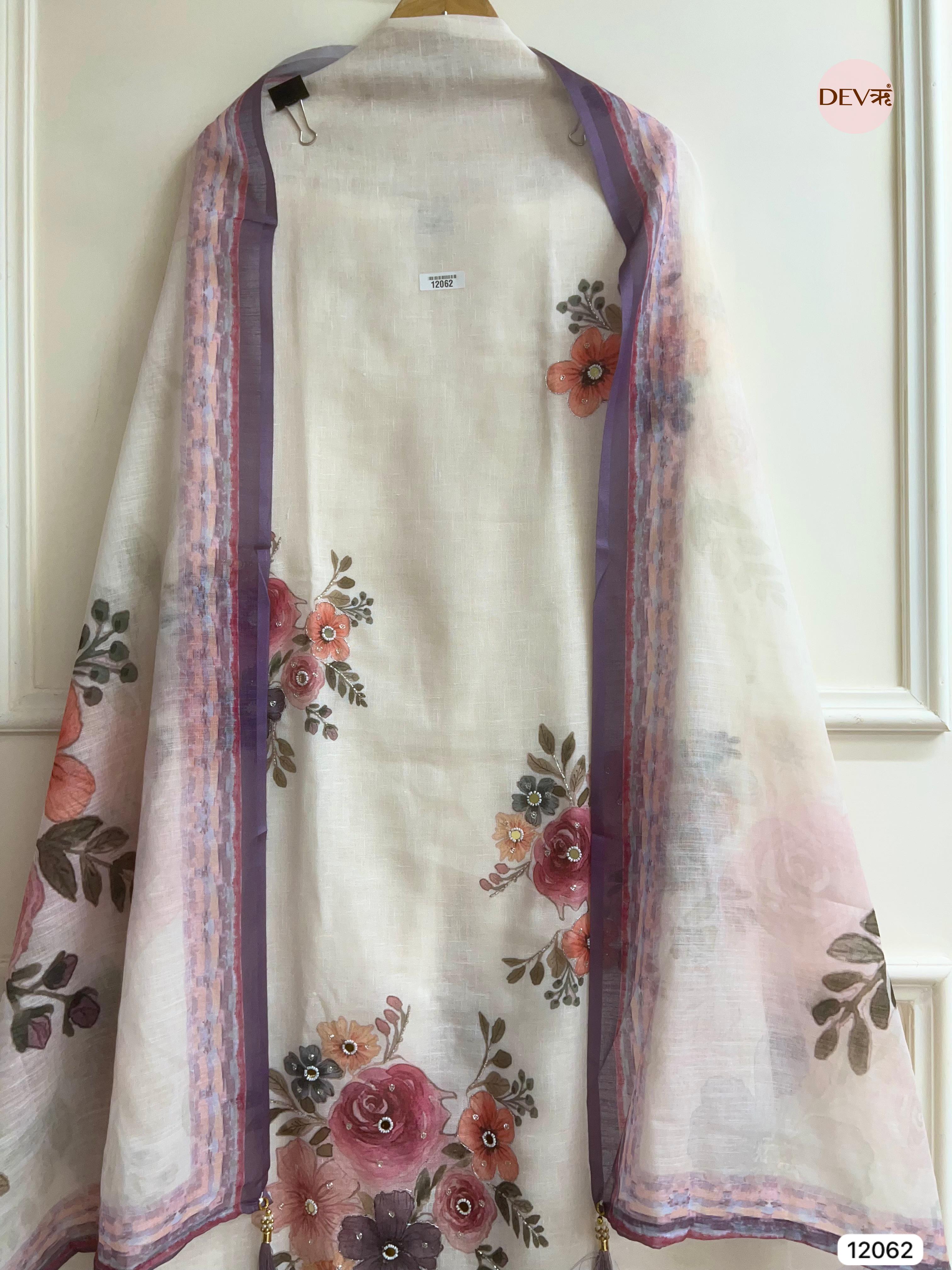 White Linen Printed Unstitched Hand Embroidered -Set Of 3- {12062}