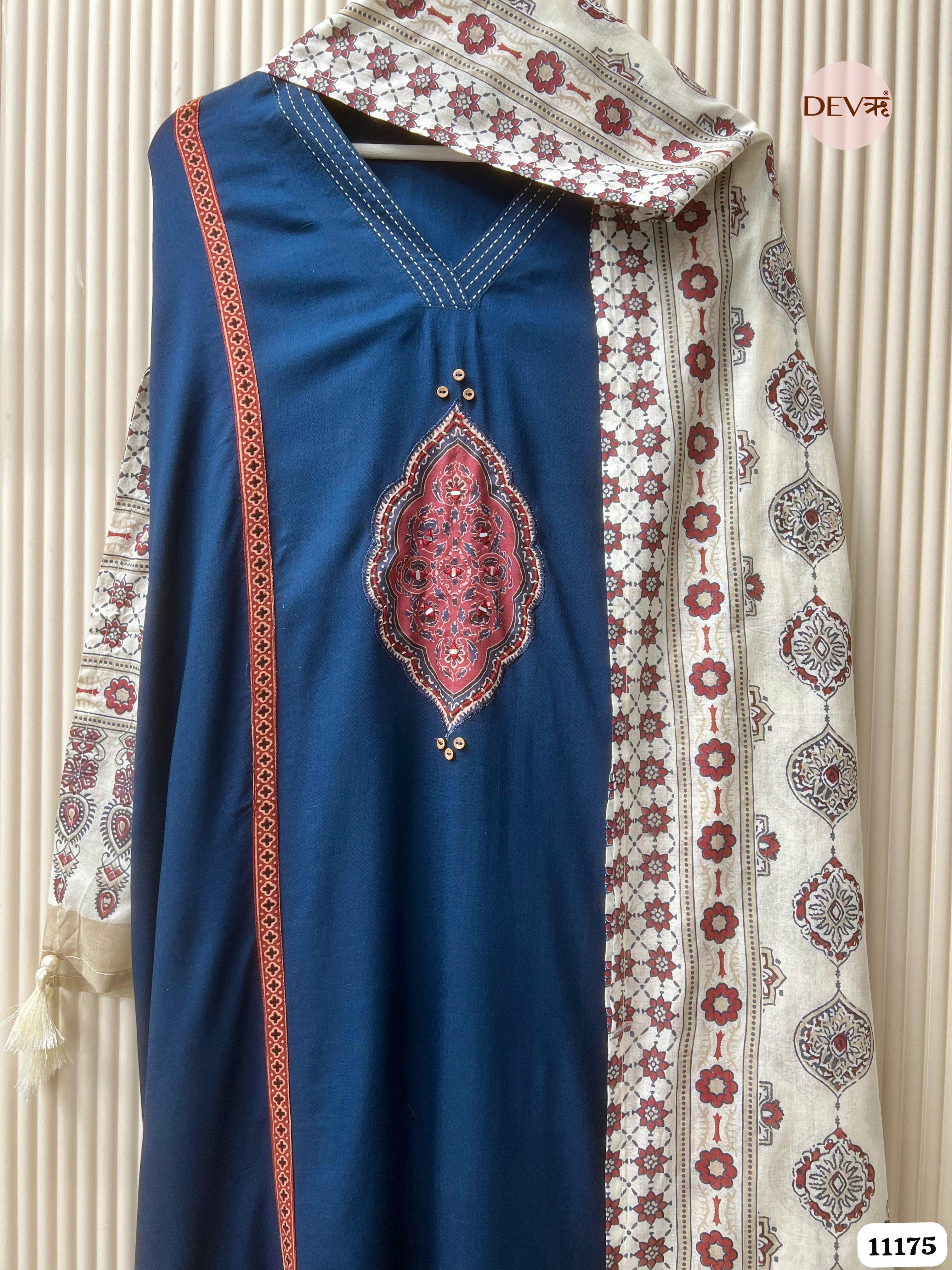 Blue Slub Cotton Unstitched Hand Embroidered -Set Of 3 {11175}