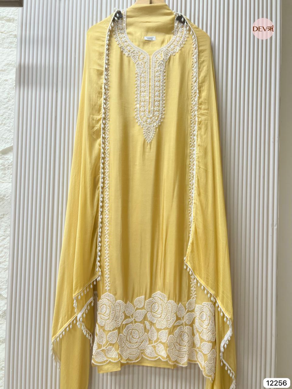 Mustard Shimmer Silk Embroidered Unstitched 3-Piece Suit (Devri – D.No 12256)