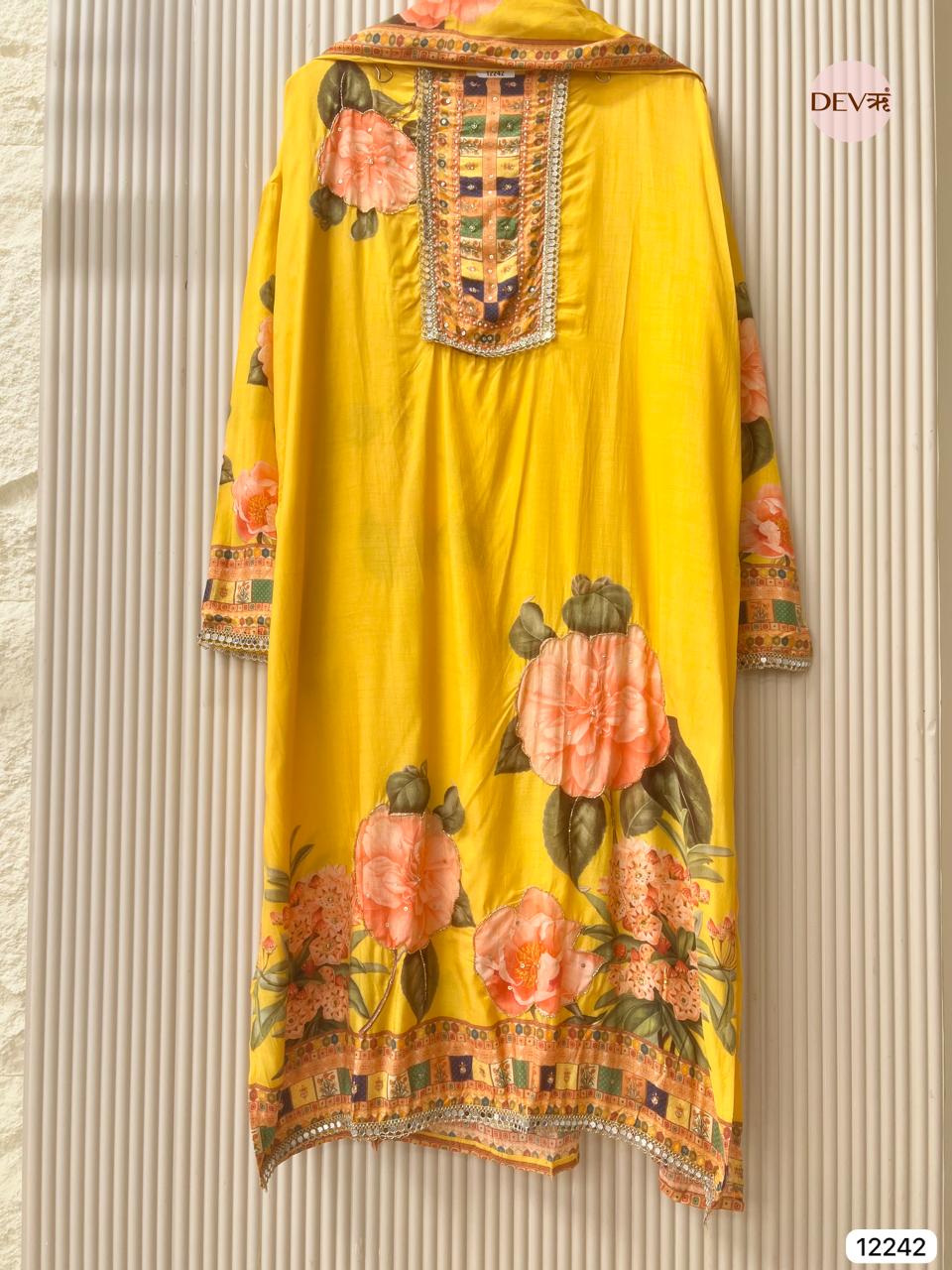 Yellow Pure Muslin Printed Unstitched 3-Piece Suit (Devri – D.No 12242)