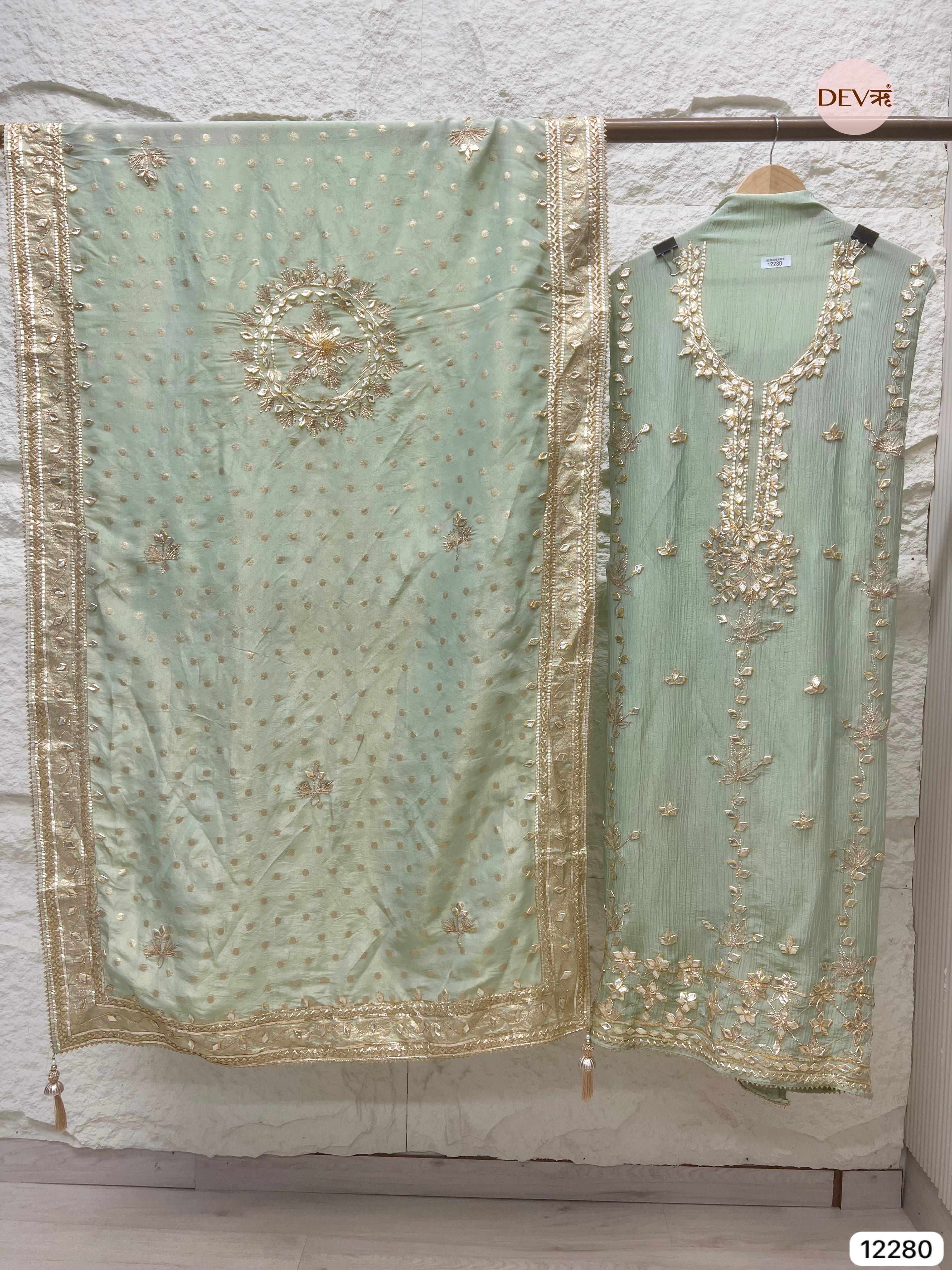 Green Pure Chinon Unstitched Hand Embroidered -Set Of 3 - {12280}