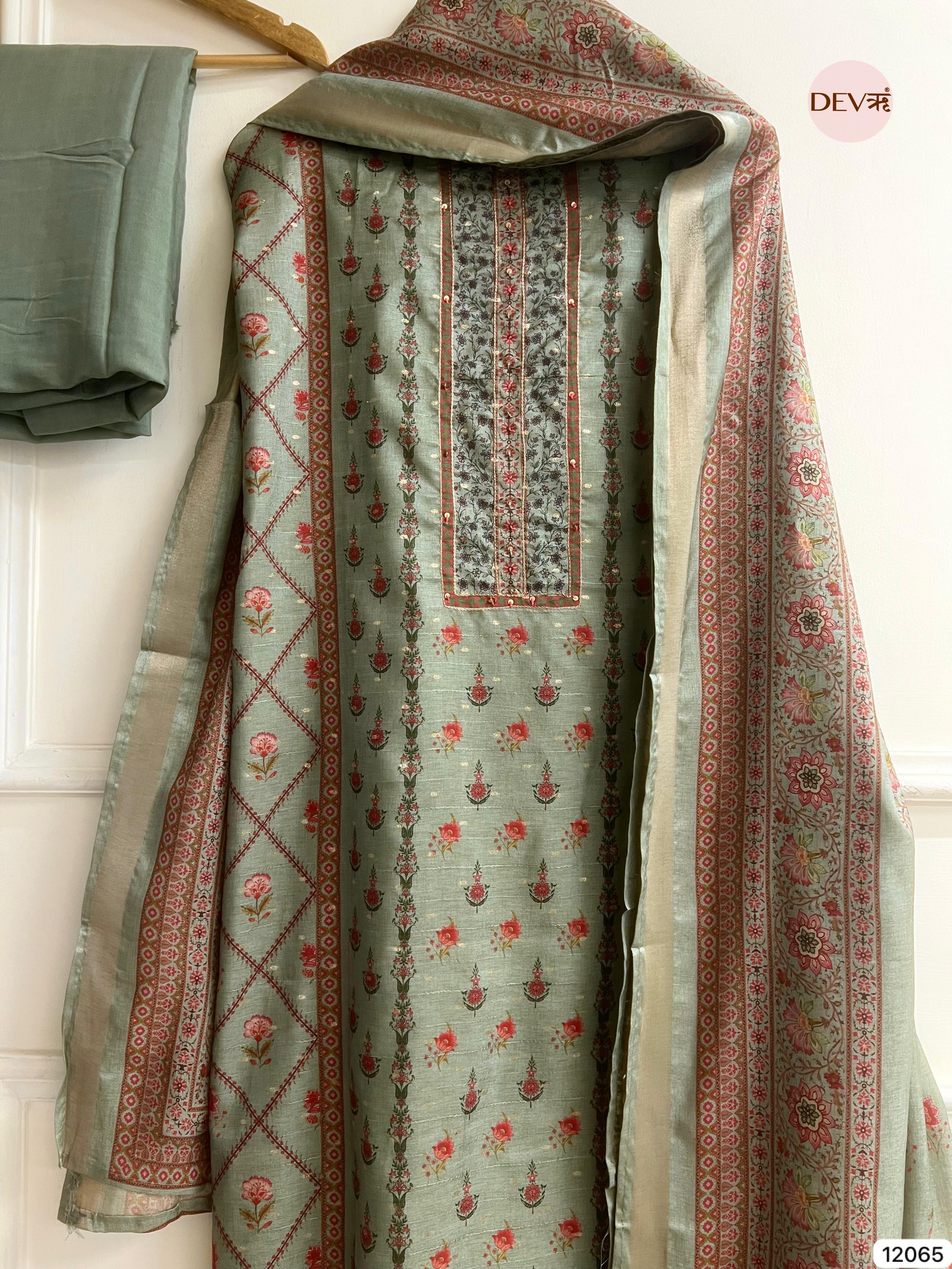 Green Raw Handloom Silk Unstitched Designer Printed With Hand Embroidery -Set Of 3 - {12065}