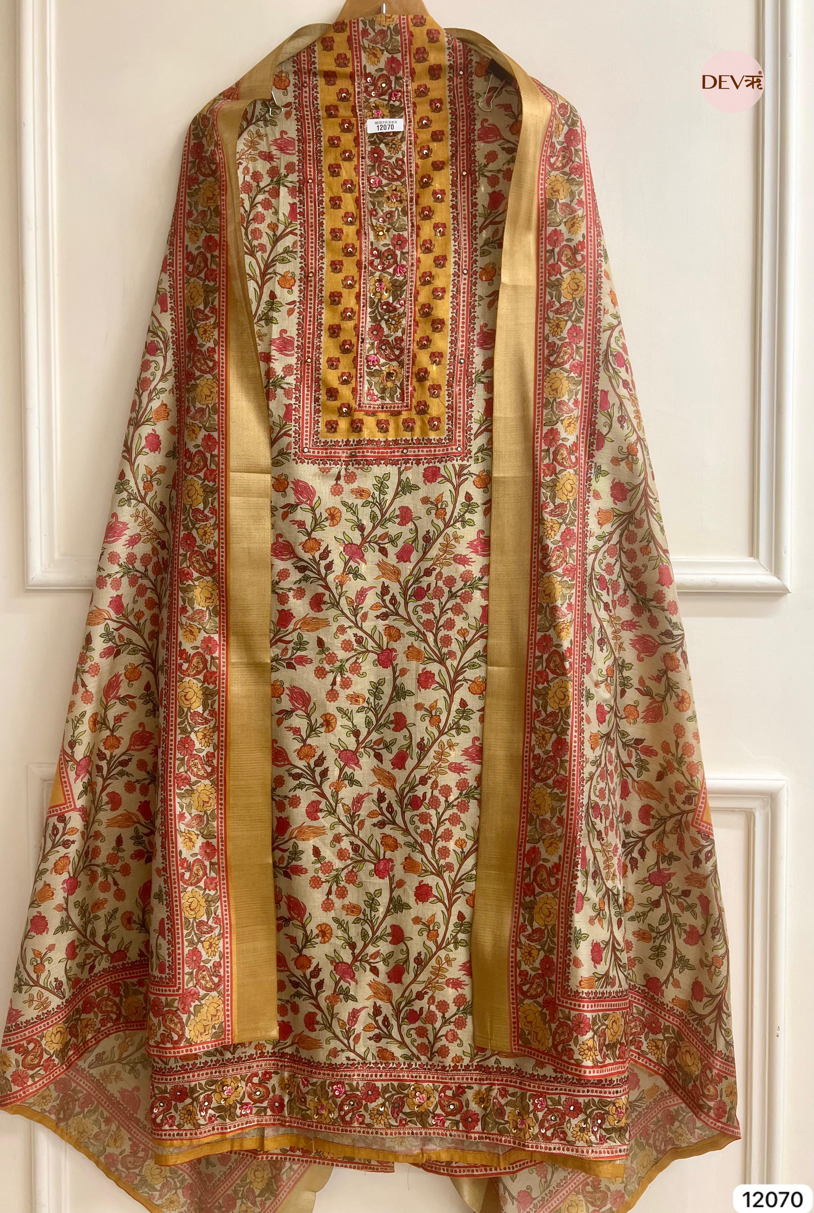 Multi colour Tissue Khadi Silk Printed Unstitched Hand Embroidered -Set Of 3 - {12070}