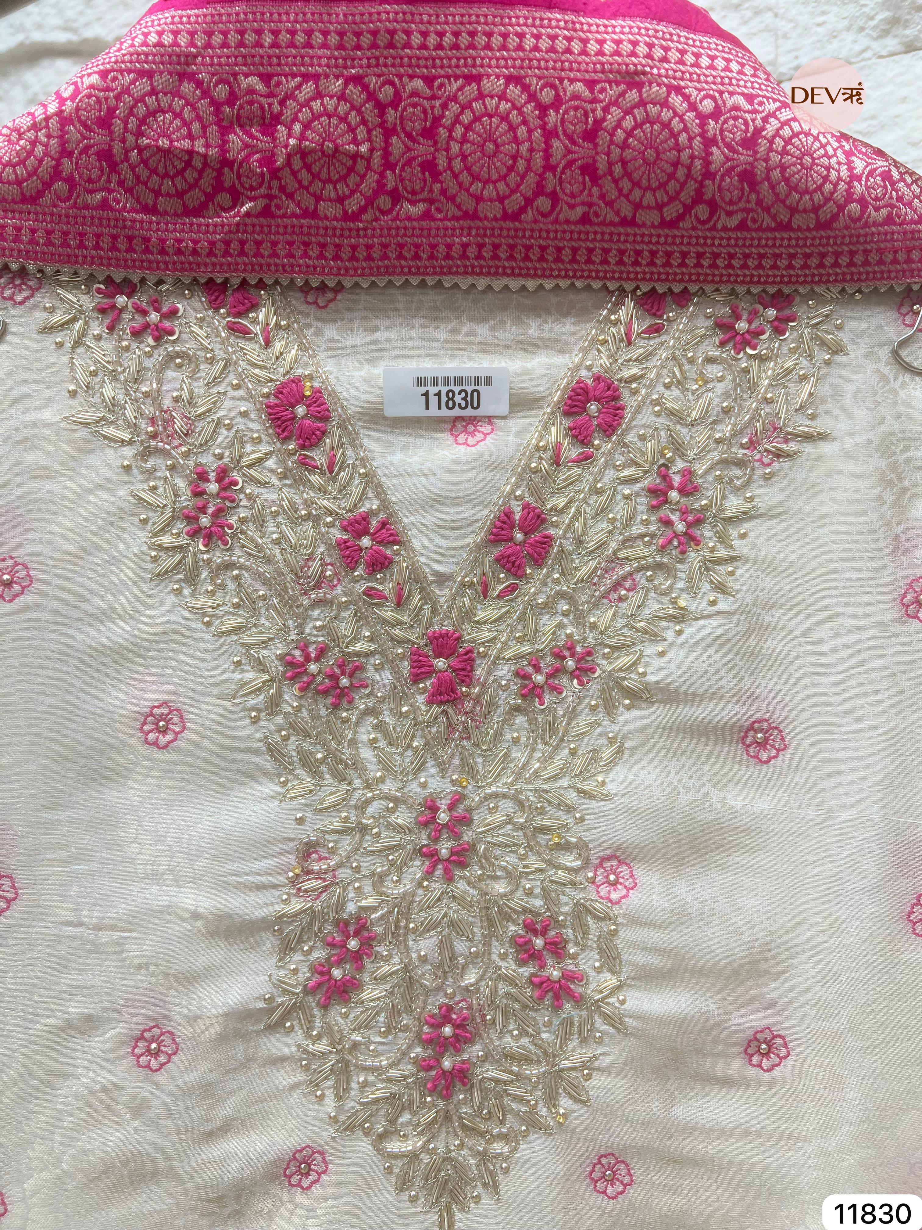Off white Pure Tissue Shimmer Silk Unstitched Hand Embroidered -Set Of 3 - {11830}