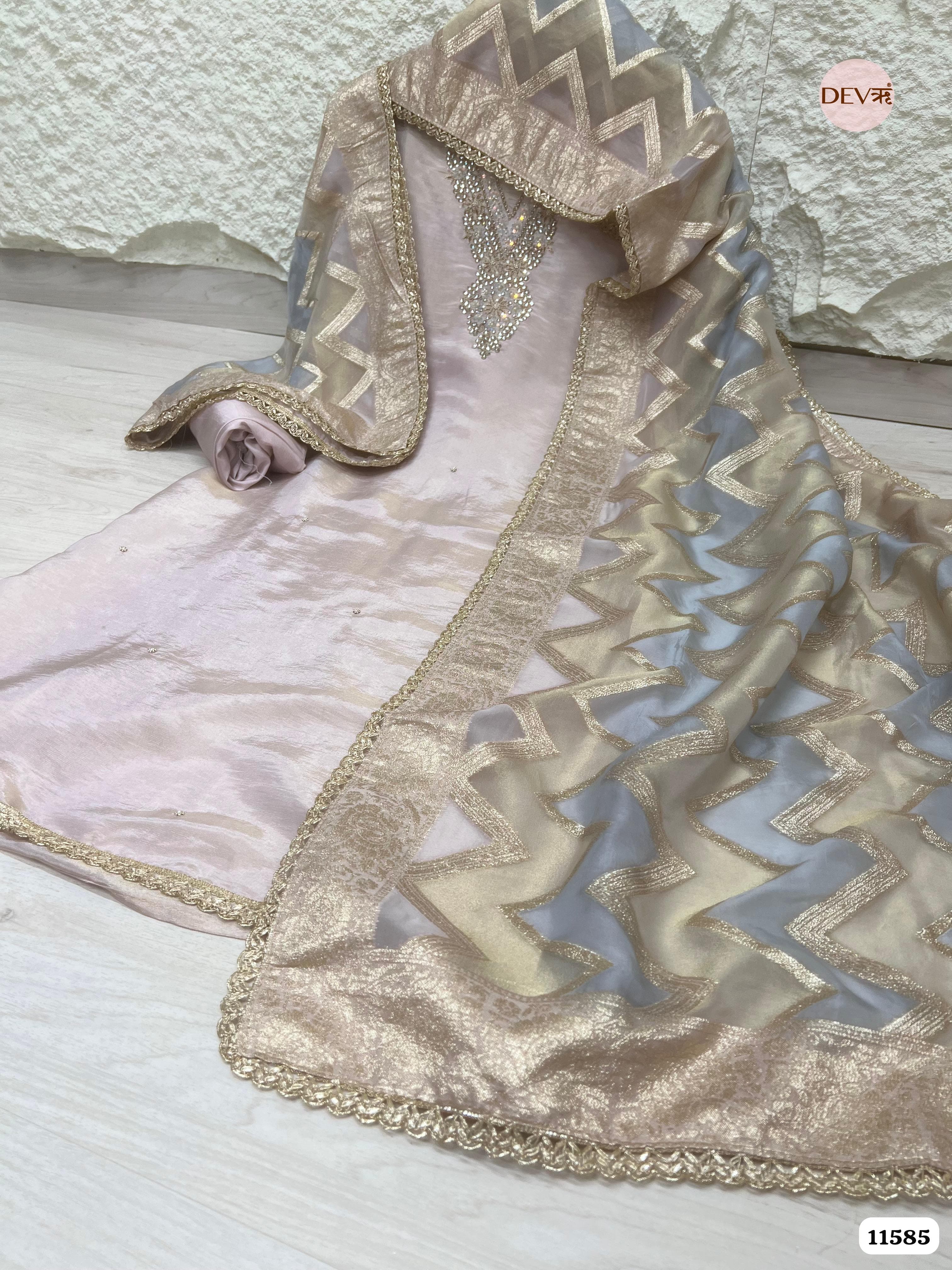 Beige Pure Tissue Silk Unstitched Hand Embroidered -Set Of 3 {11585}