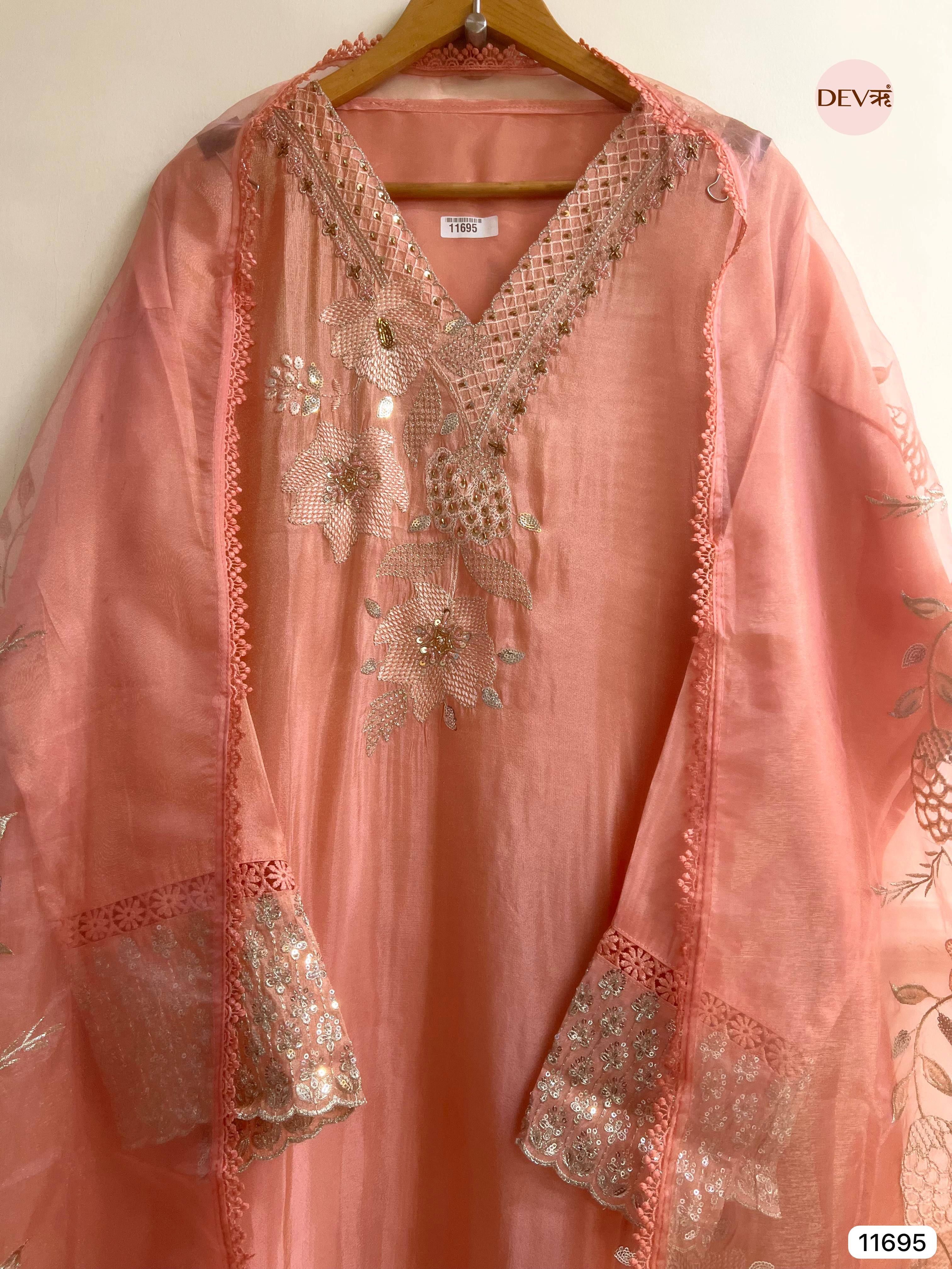 Light Pink Tissue Shimmer Silk Semi Stitched Hand Embroidered -Set Of 3- {11695}