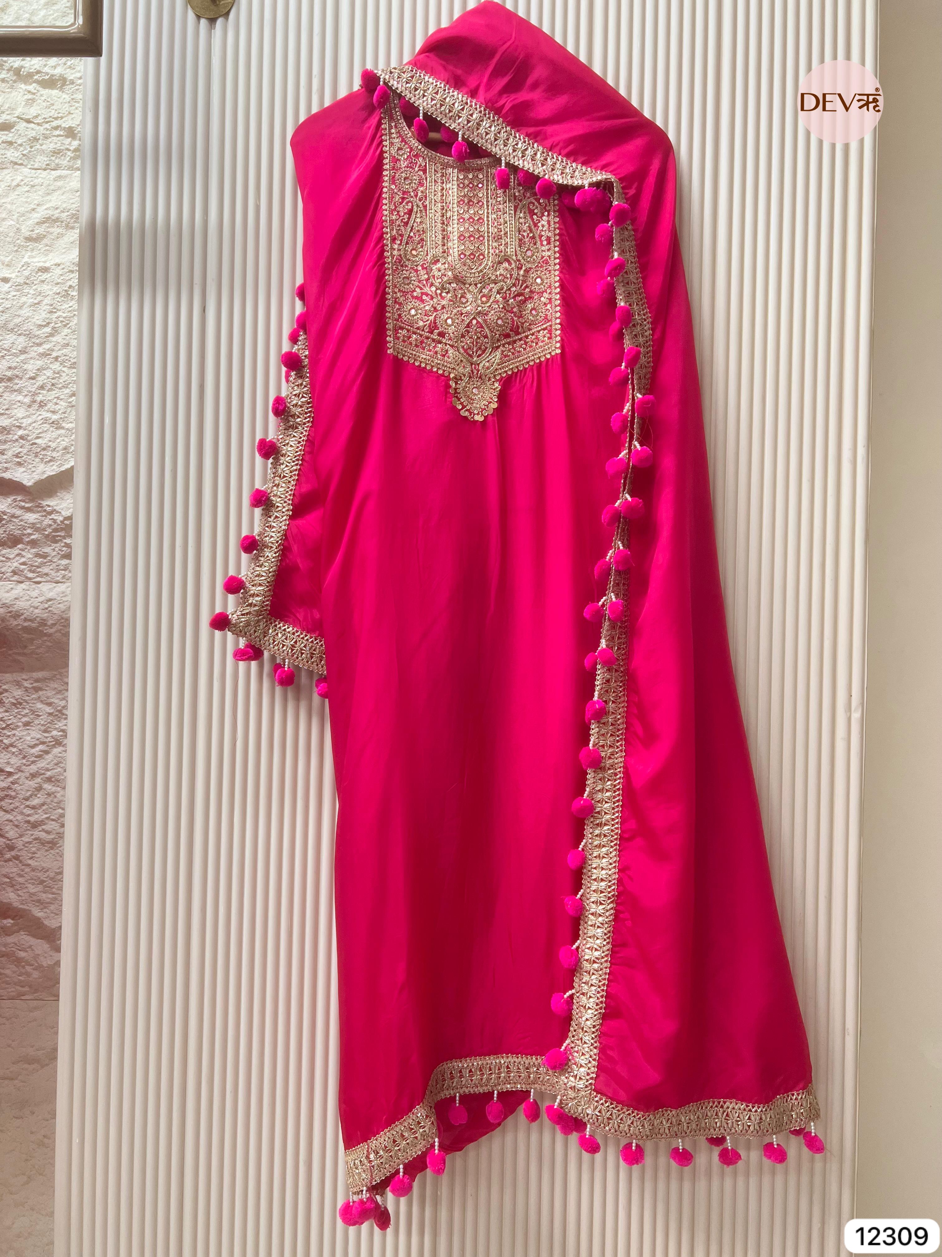 Rani Pink Glass Organza Embroidered Unstitched 3-Piece Suit (Devri – D.No 12309)