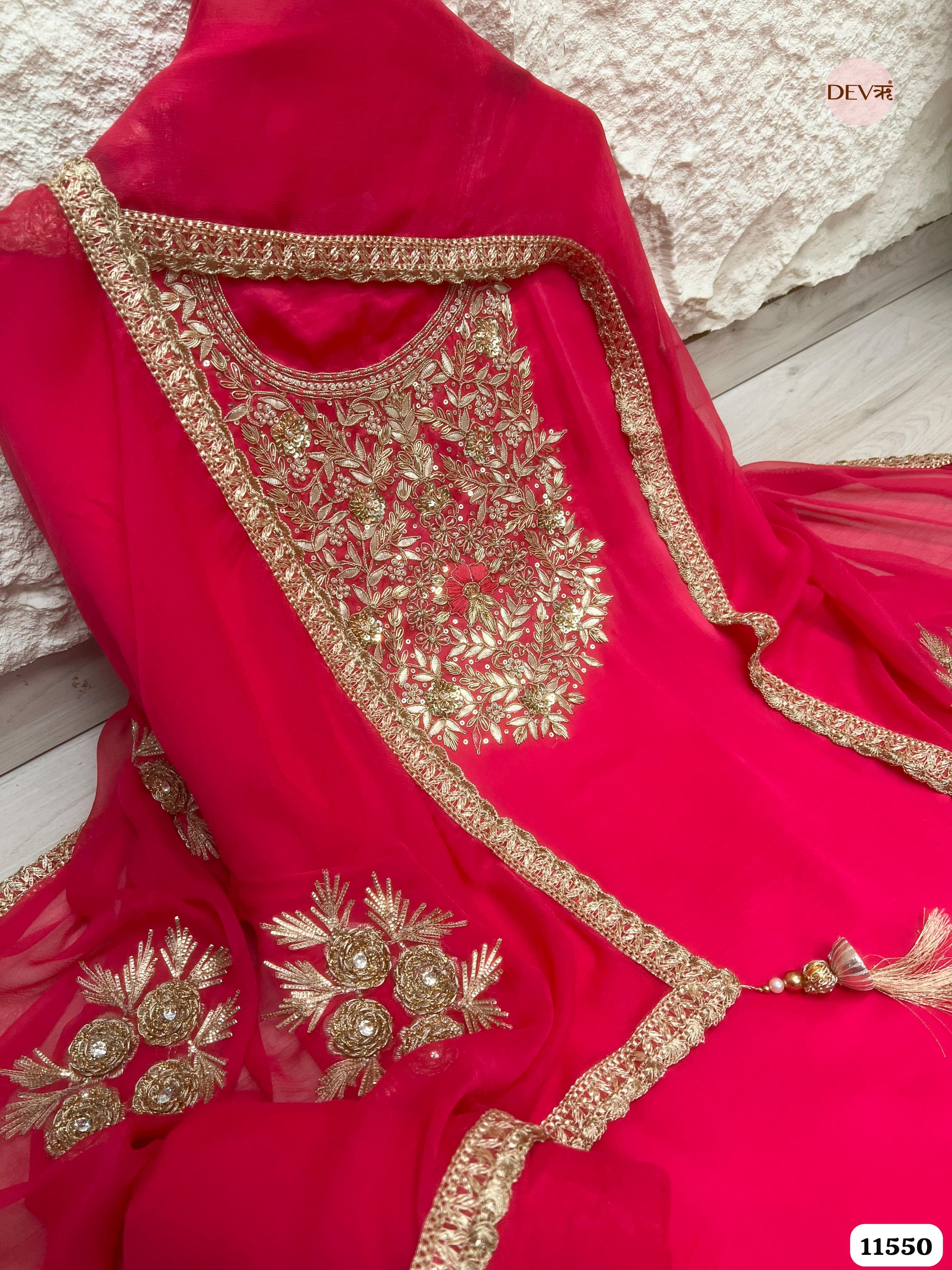 Pink Pure Organza Silk Unstitched Hand Embroidered -Set Of 3 {11550}