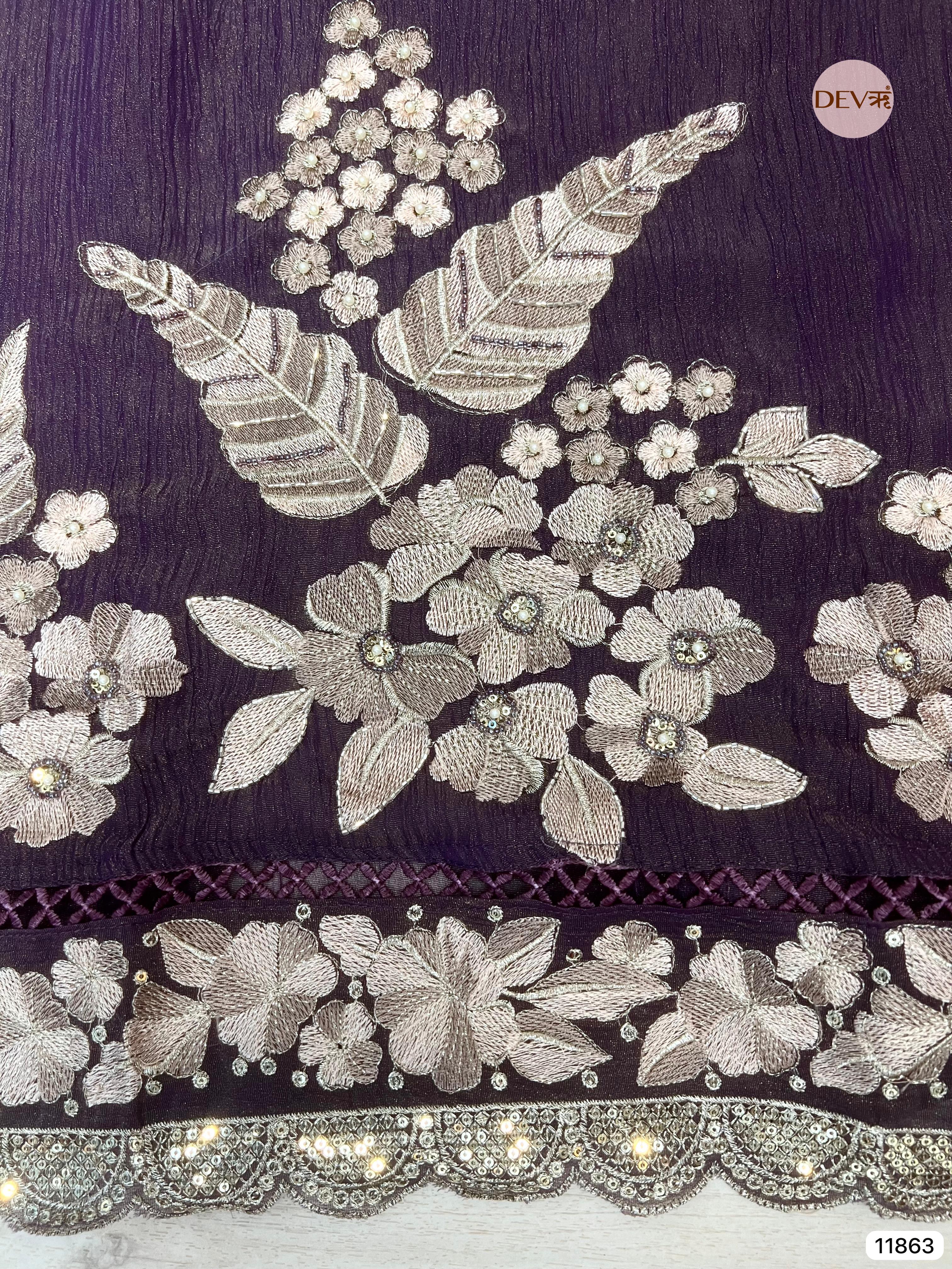 Purple Tissue crush silk unstitched embroidered -Set Of 3- {11863}