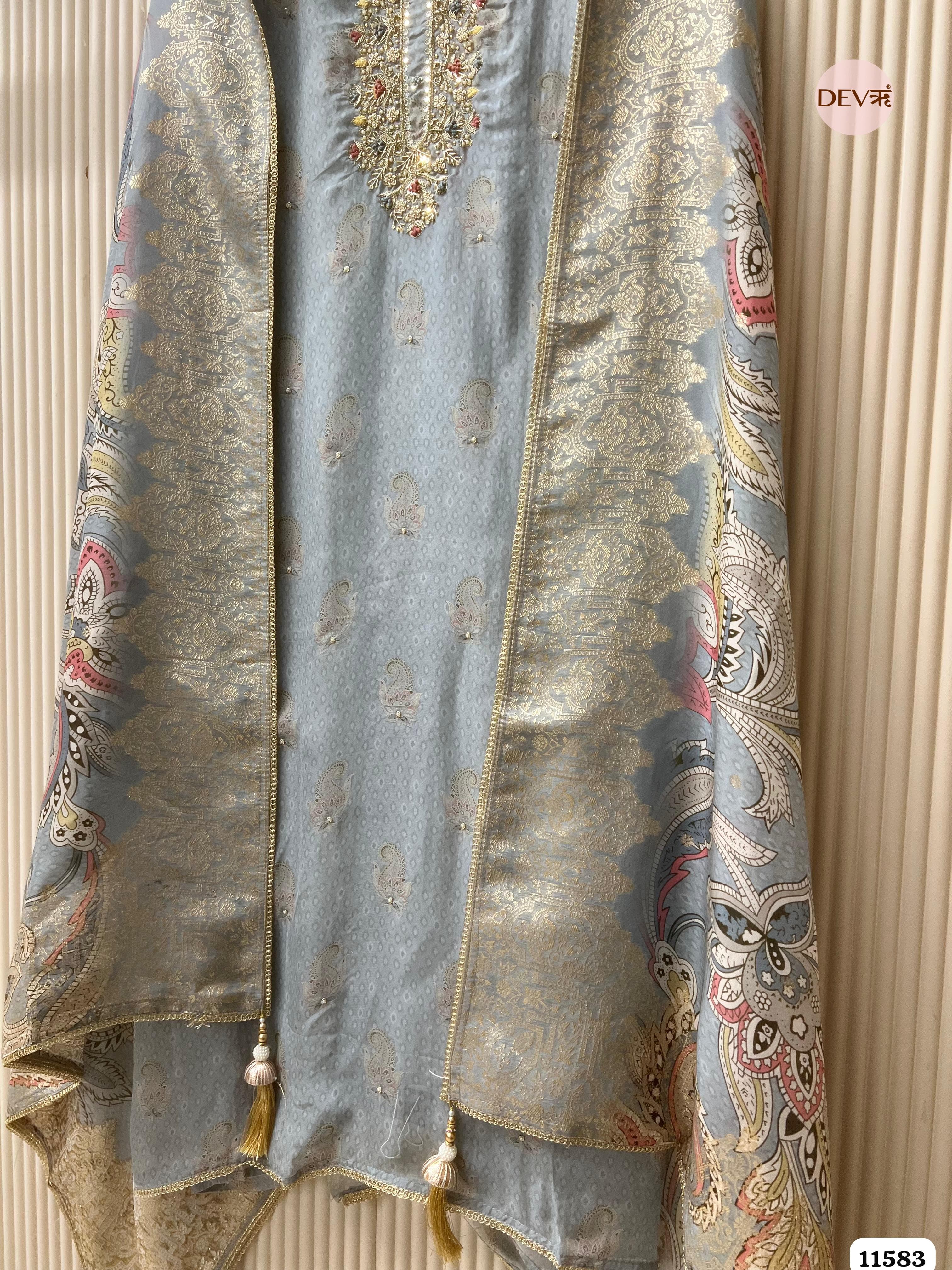Light Grey Pure Silk Unstitched Printed Hand Embroidered -Set Of 3 {11583}