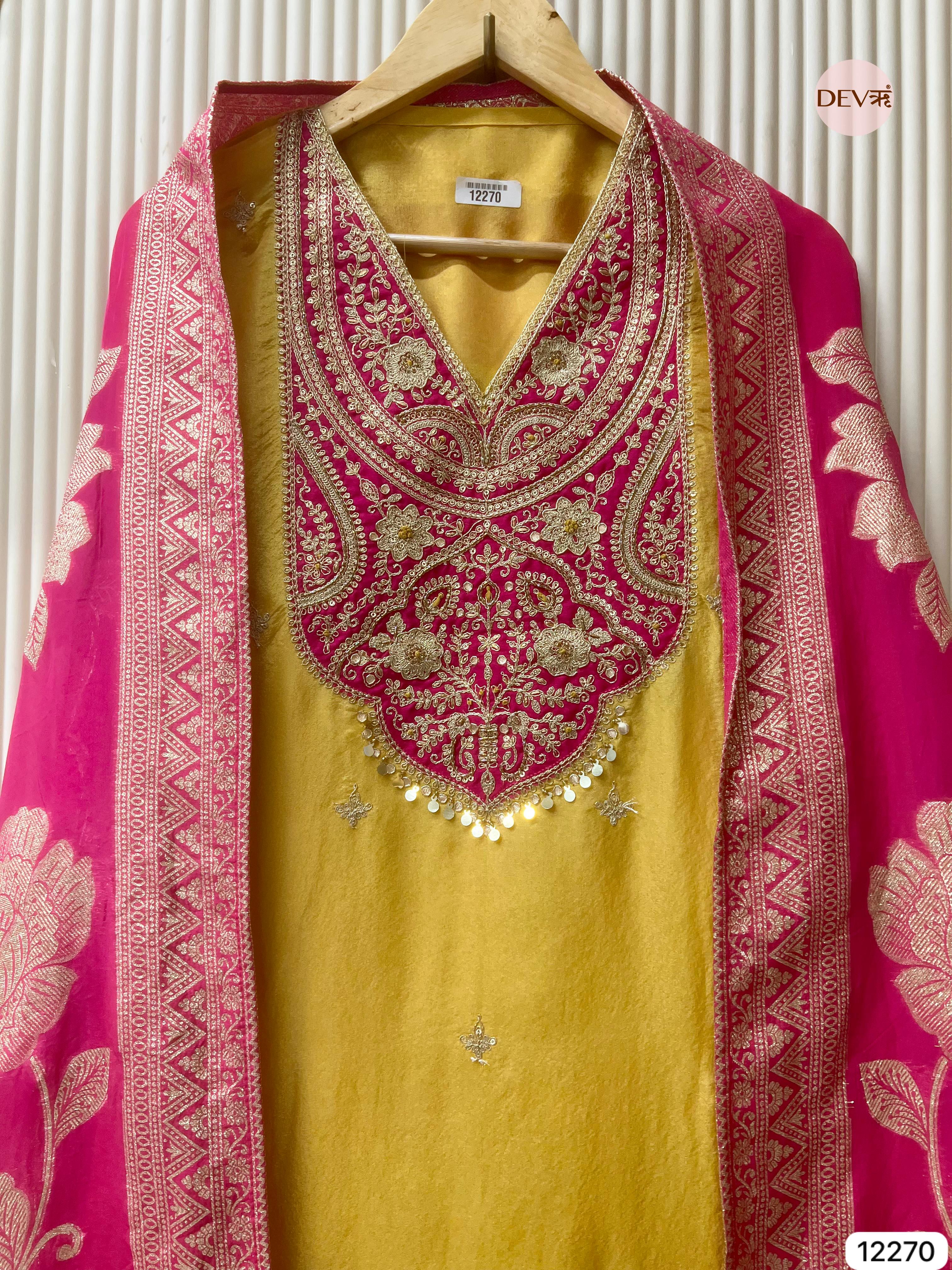Yellow Shimmer Silk Embroidered Unstitched 3-Piece Suit (Devri – D.No 12270)