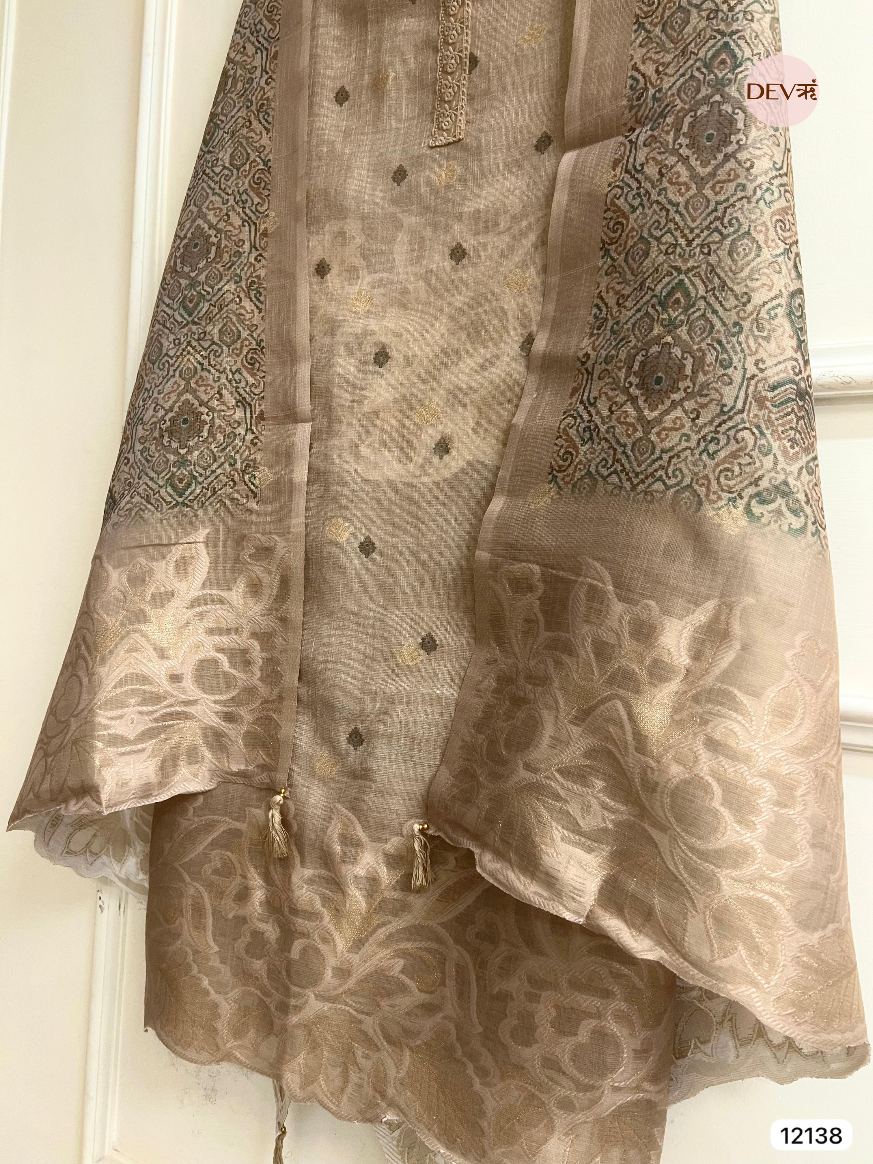 Beige Pure Jamdhani Silk Unstitched Woven Embroidered -Set Of 3 - {12138}