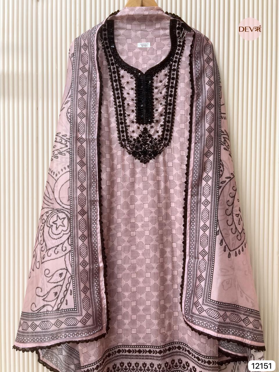 Light Pink Pure Organza Unstitched Printed Hand Embroidered -Set Of 3- {12151}