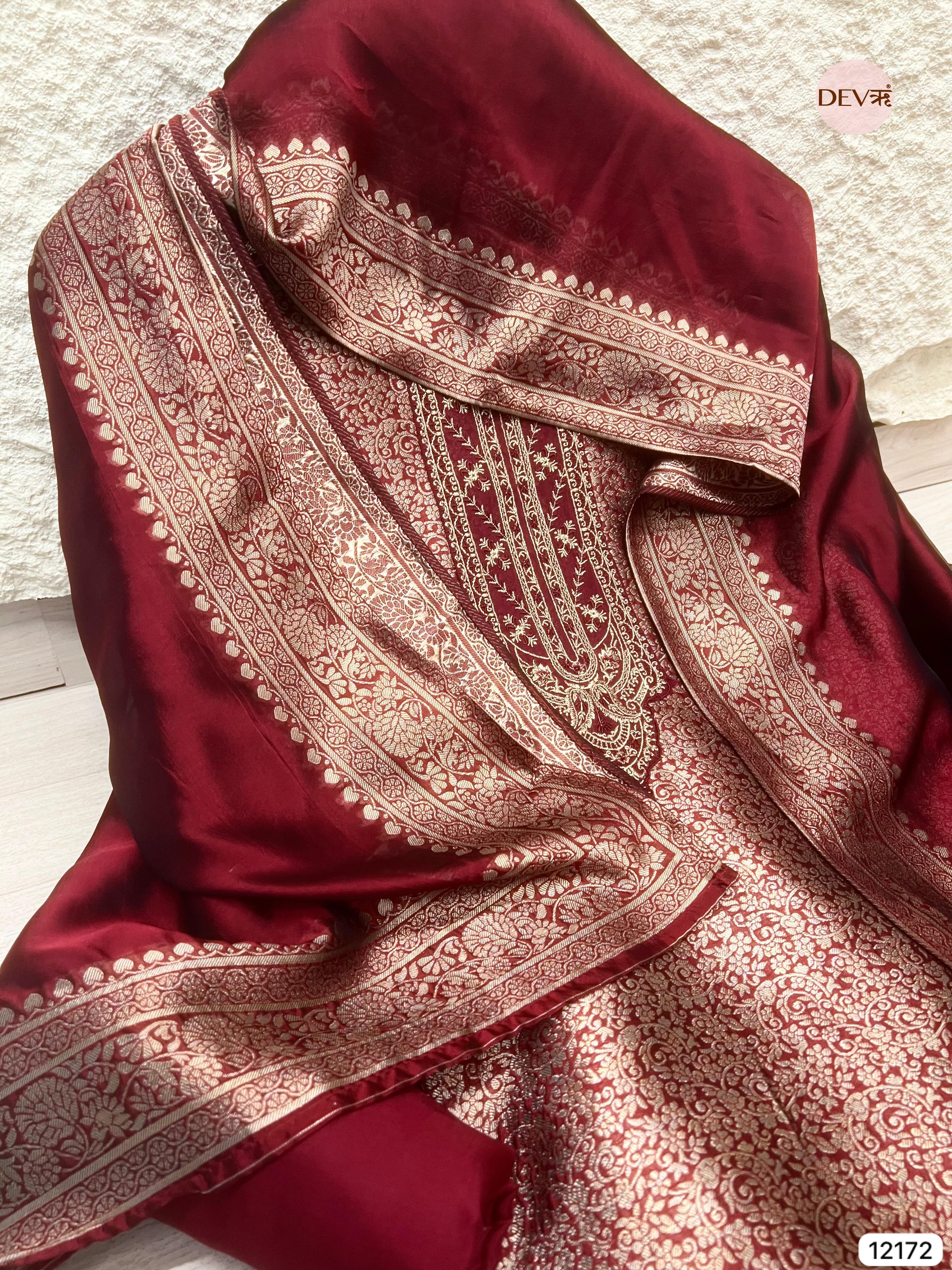 Maroon Pure Banarasi Silk Unstitched Hand Embroidered -Set Of 3 - {12172}