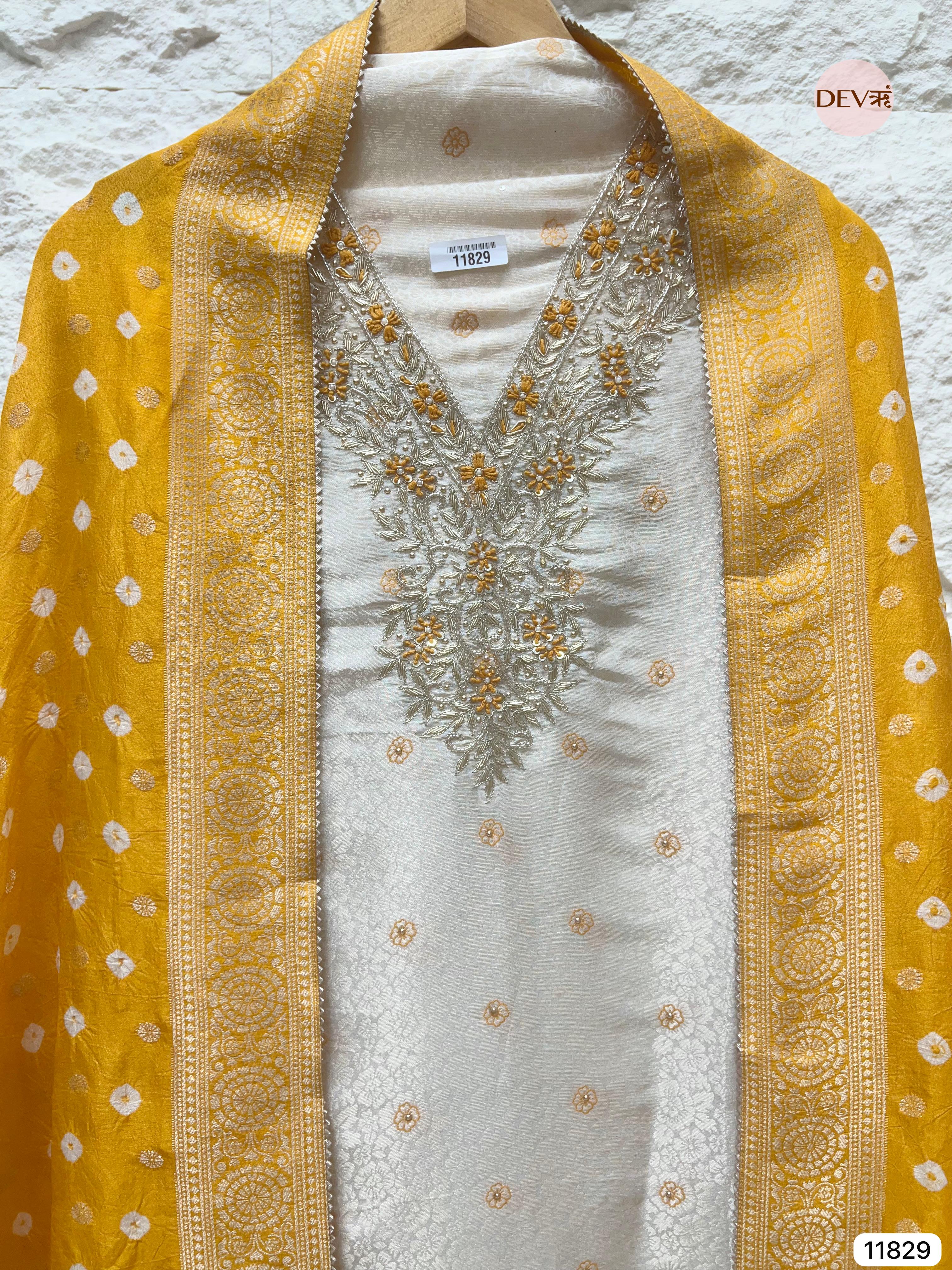 Cream Colour Pure Tissue Shimmer Silk Unstitched Hand Embroidered -Set Of 3- {11829}