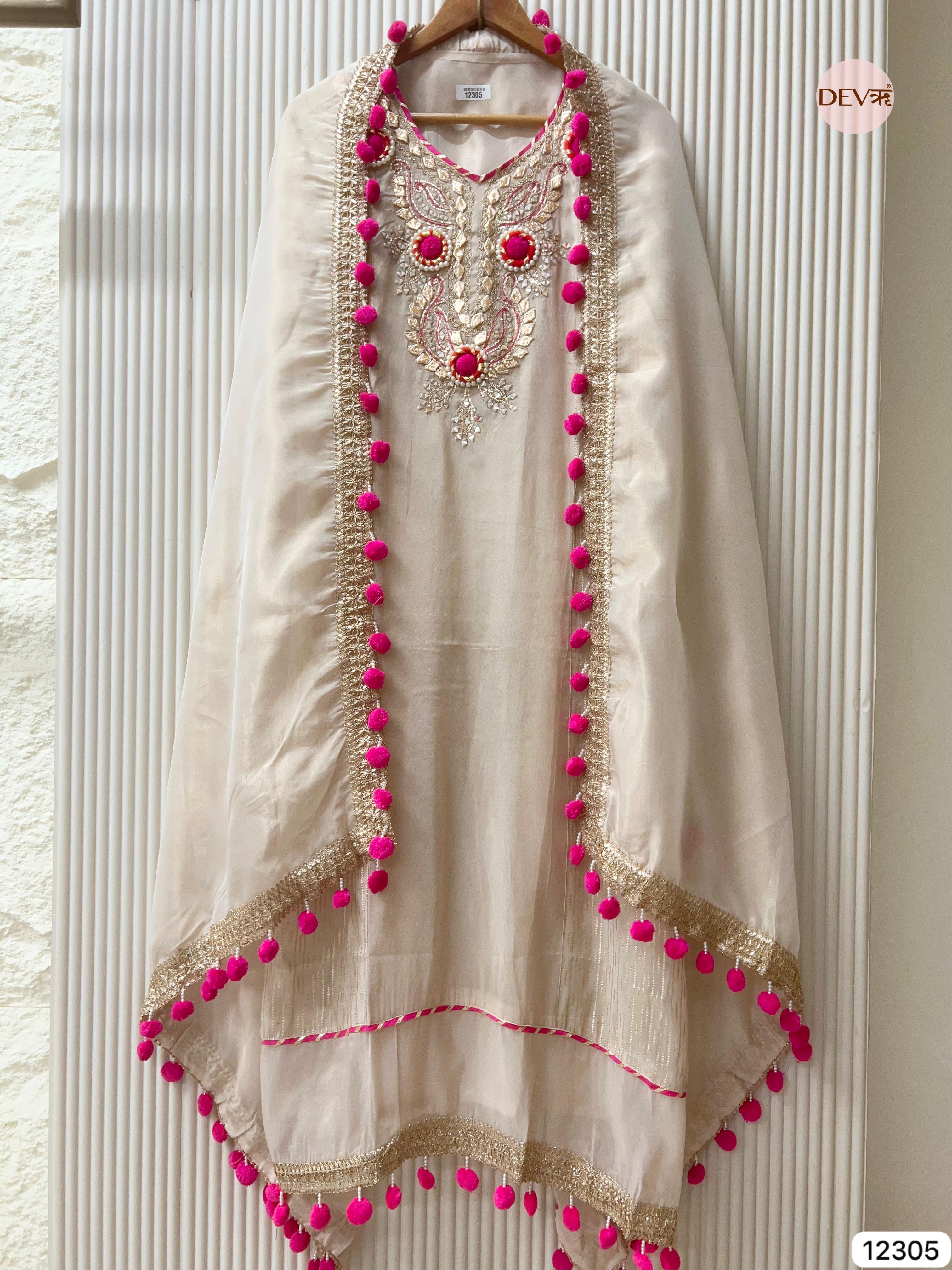 Ivory Pink Tissue Silk Embroidered Unstitched 3-Piece Suit (Devri – D.No 12305)