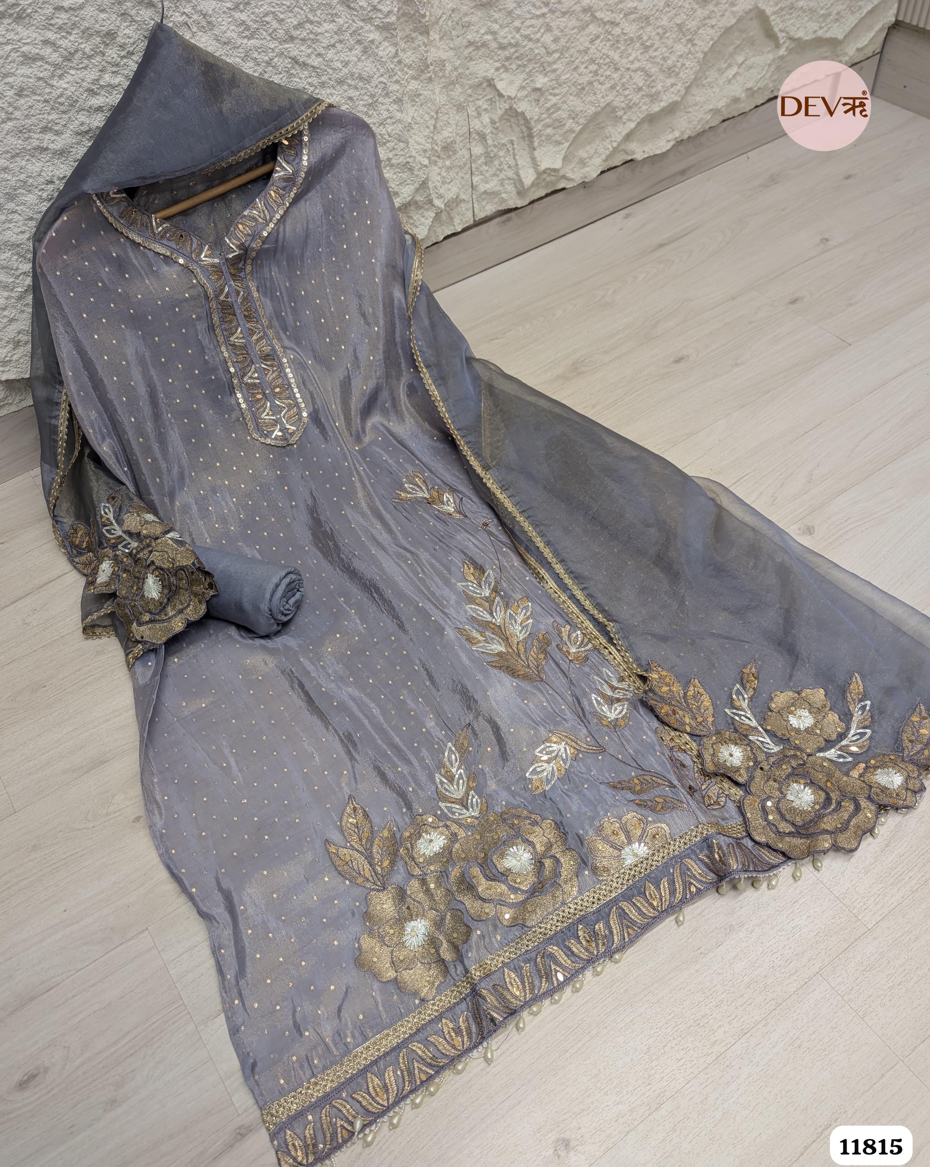 Grey Blue Tissue Silk Woven Unstitched Embroidered -Set Of 3 {11815}