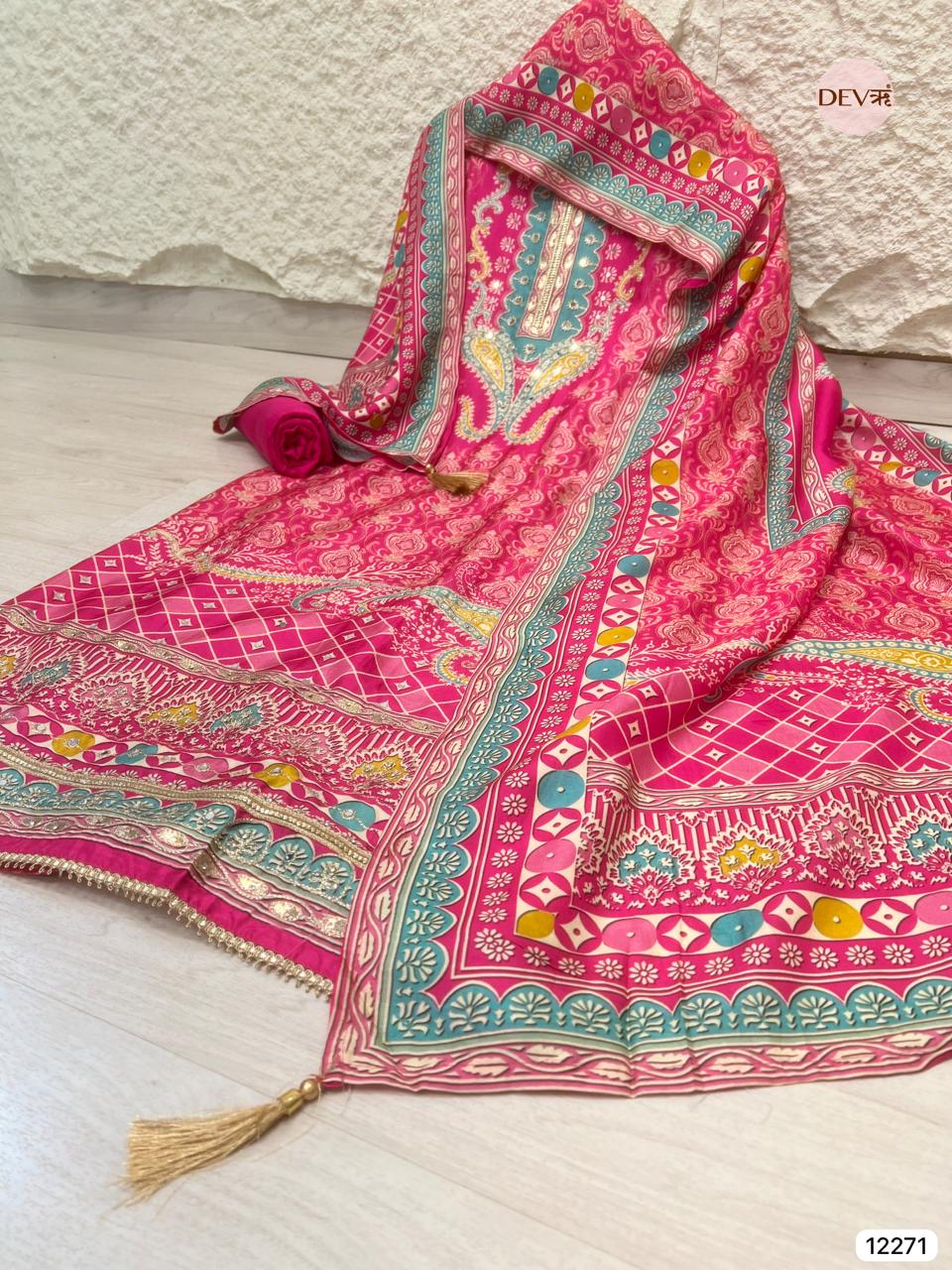 Rani Pink Russian Silk Printed Unstitched 3-Piece Suit (Devri – D.No 12271)