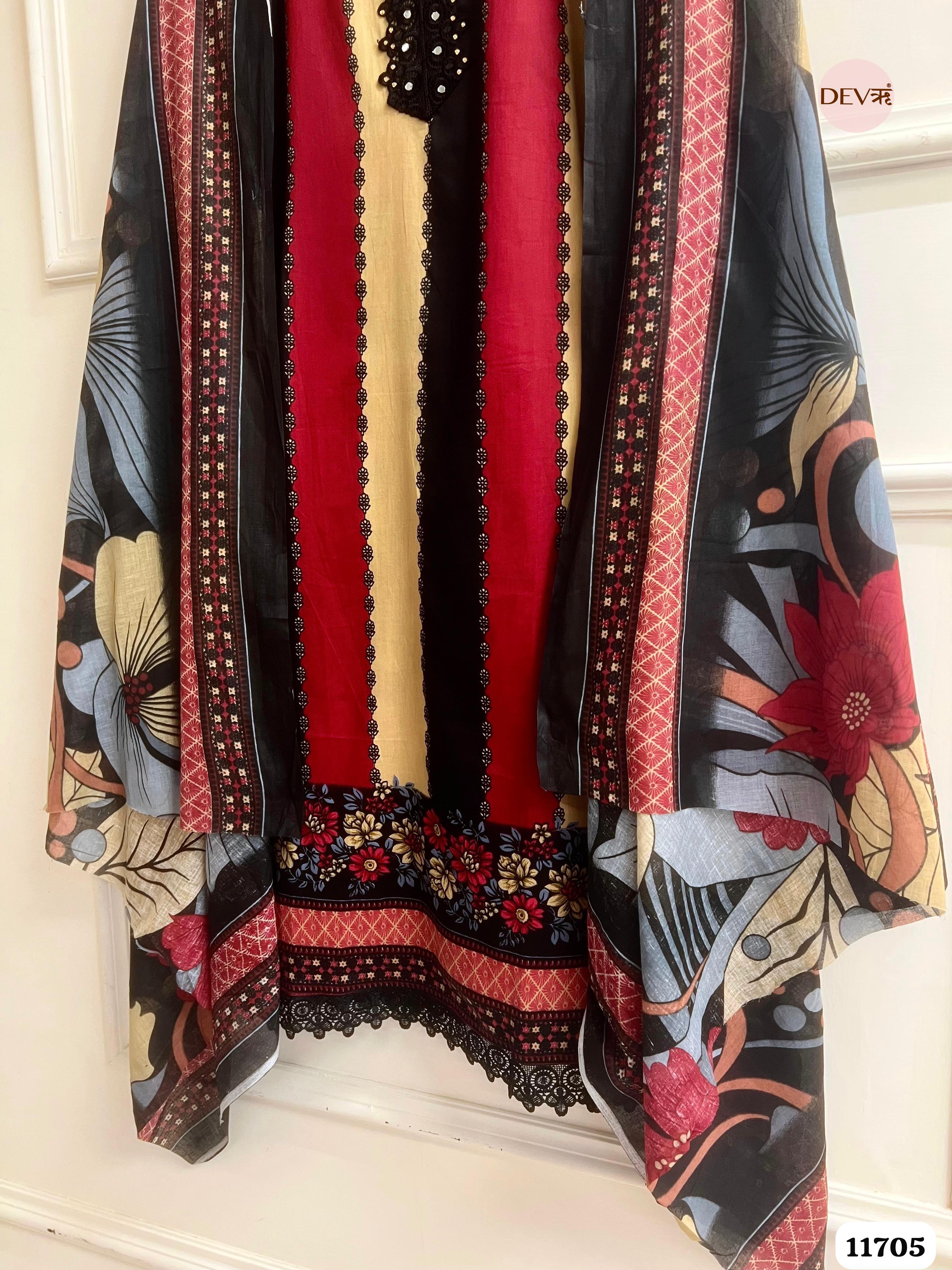 Multi Colour Cotton Unstitched Printed Embroidered -Set Of 3 {11705}