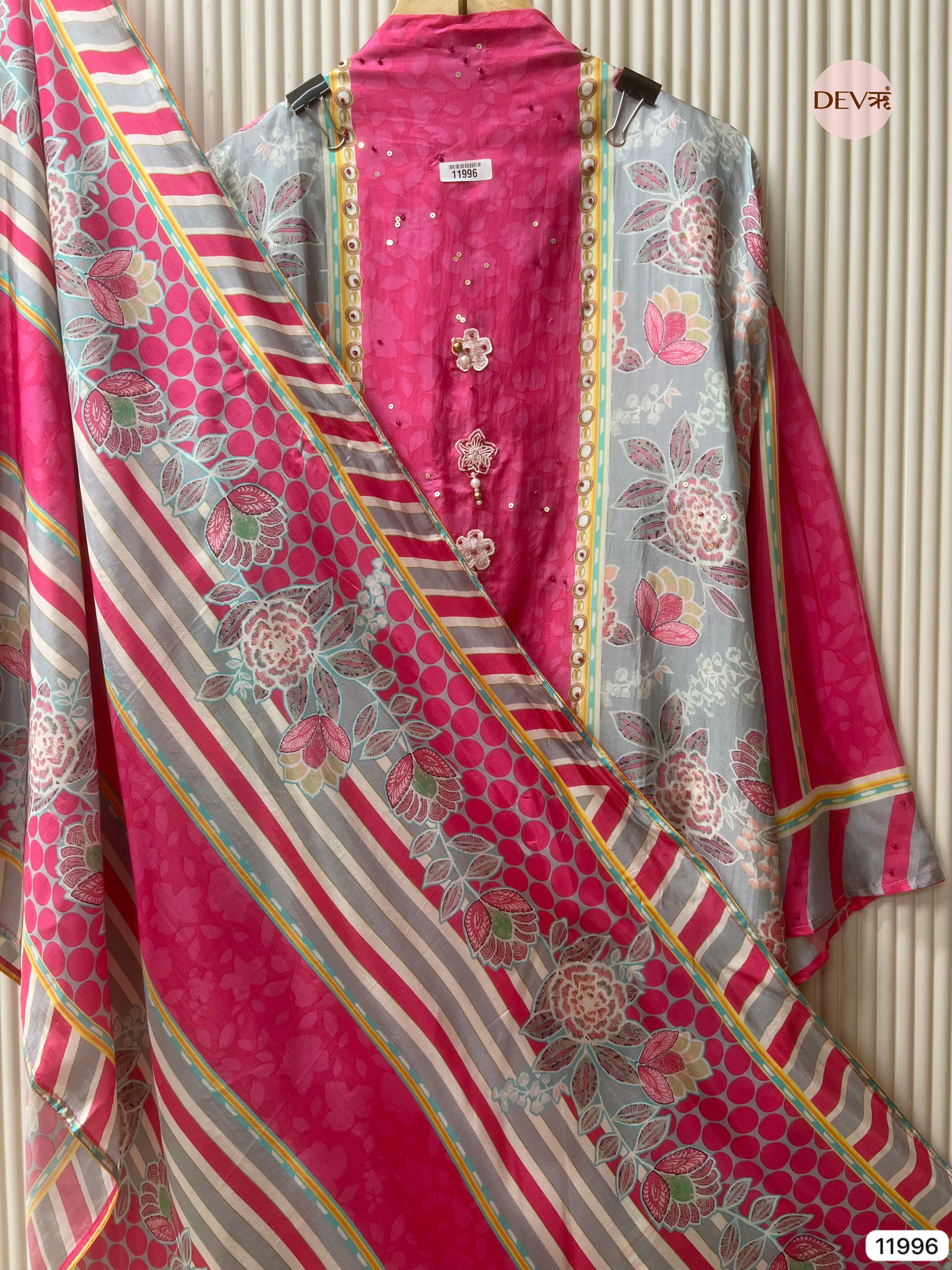 {11996}Pink Pure Organza Silk Semi stitched Printed Embroidered -Set Of 3