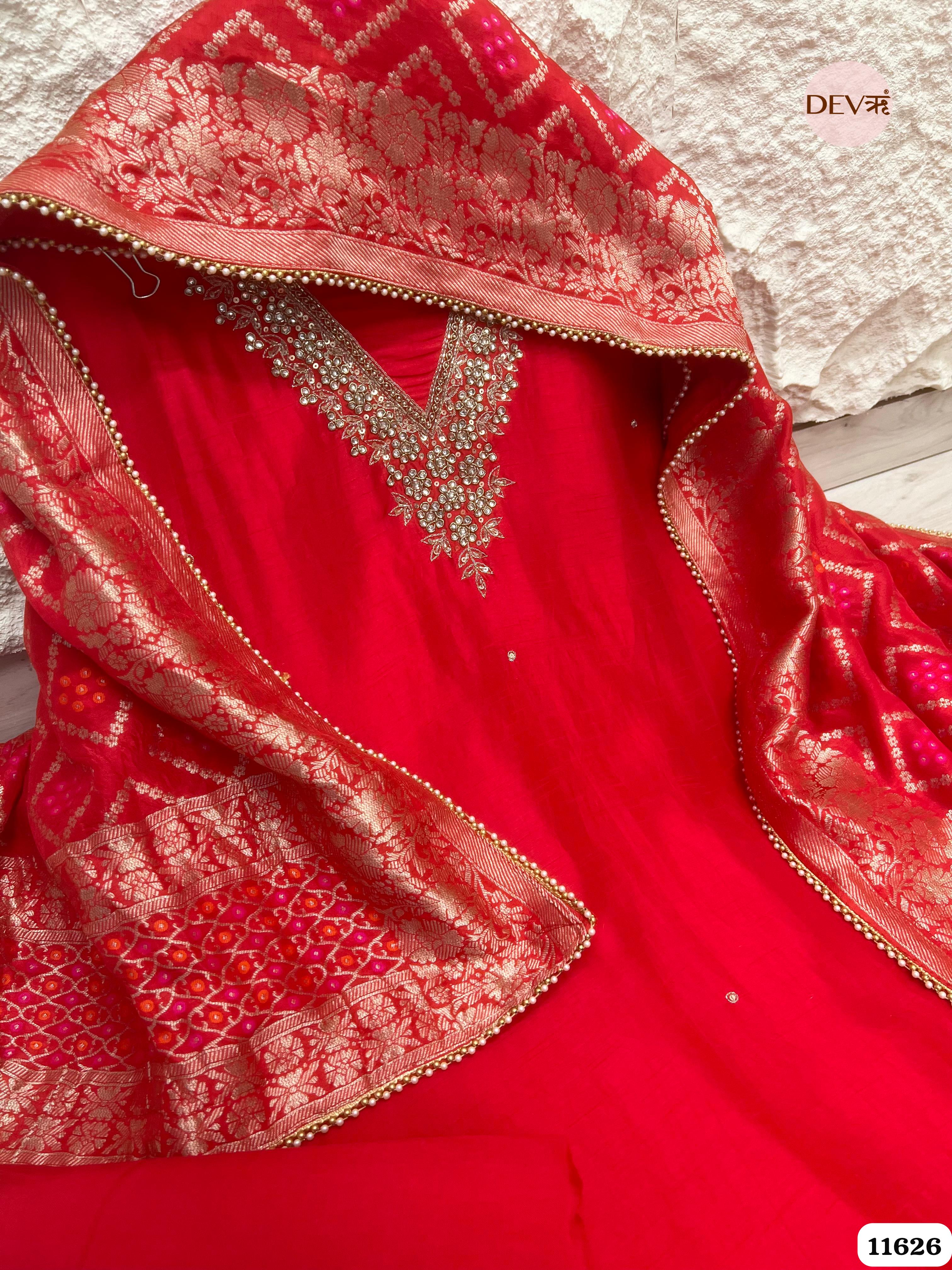 Red Pure Russian Silk Unstitched Hand Embroidered -Set Of 3 {11626}
