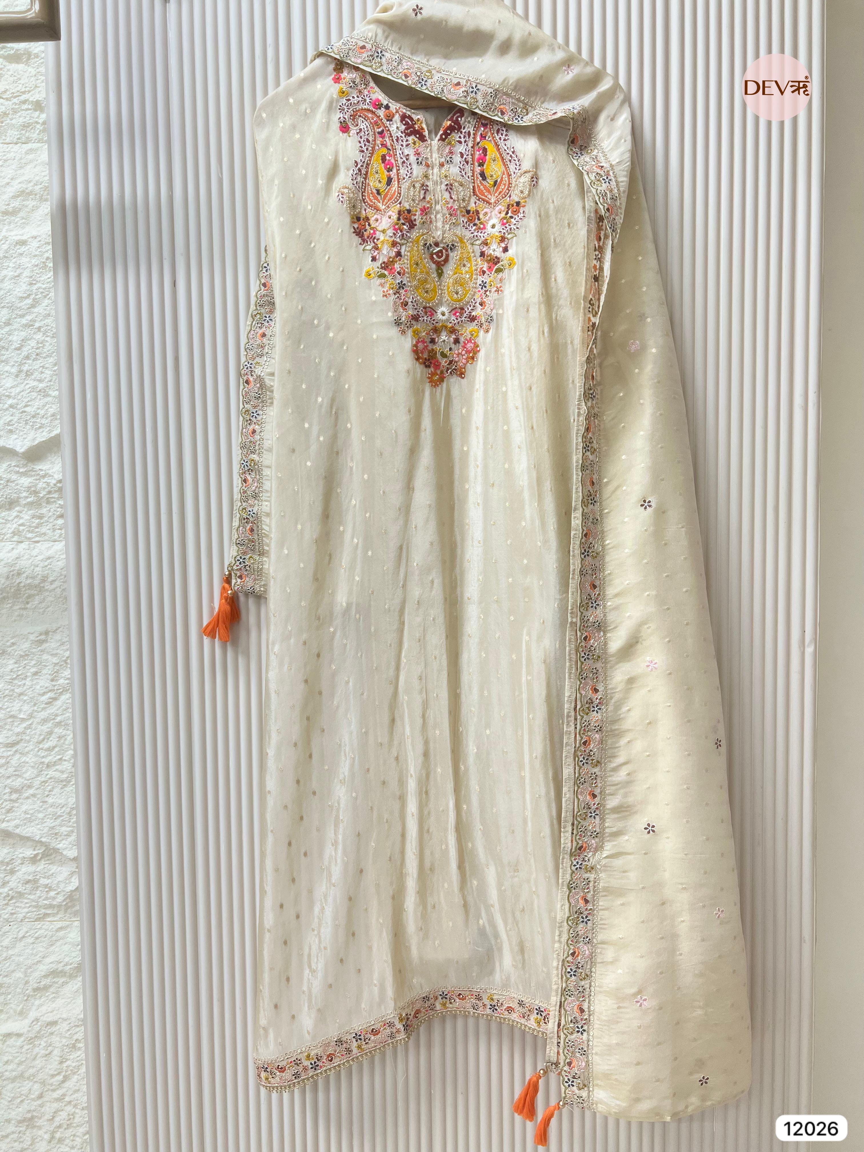 Cream Colour Tissue Shimmer Silk Unstitched Embroidered -Set Of 3