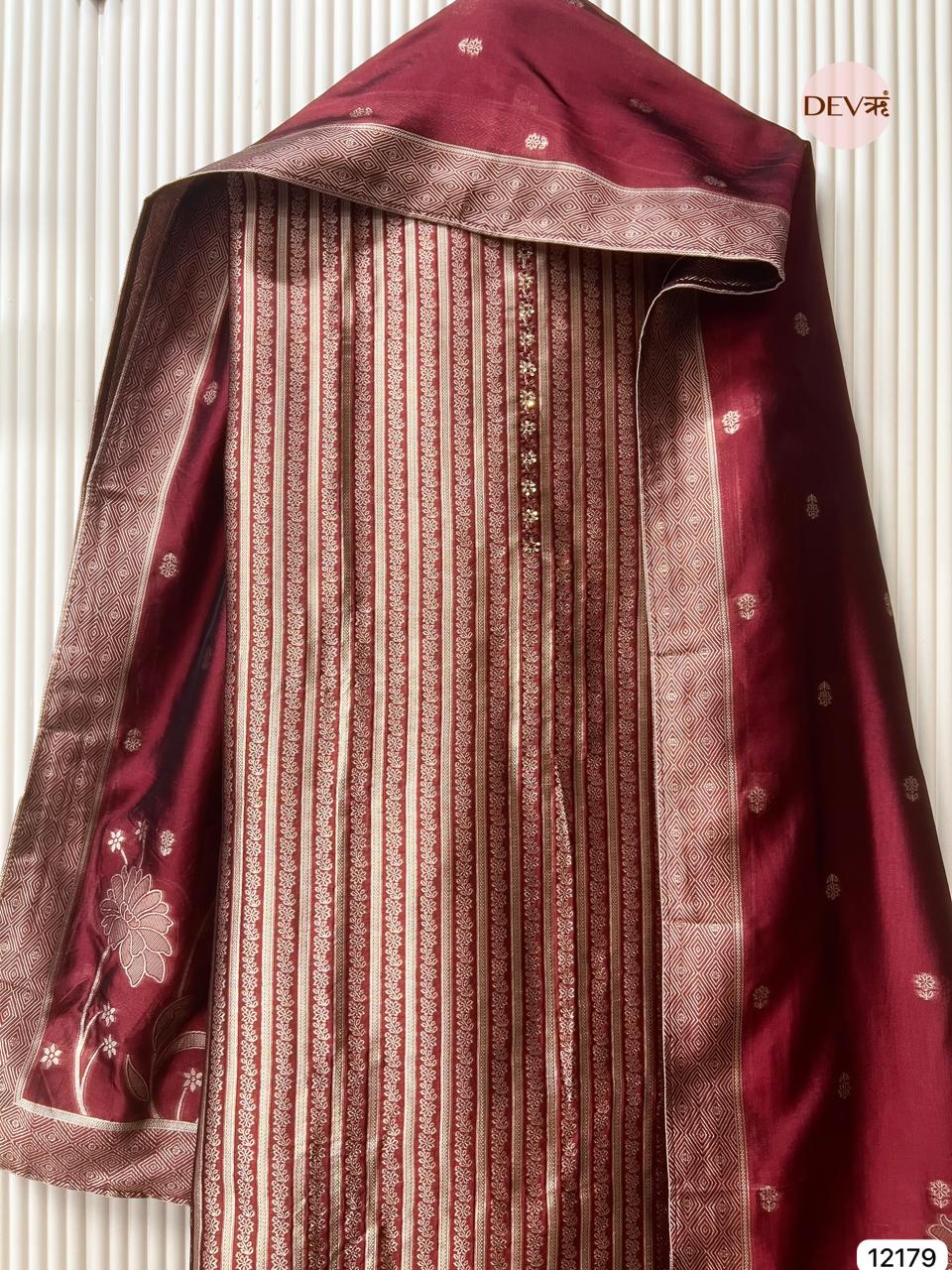 Maroon Pure Banarasi silk Unstitched Hand Embroidered -Set Of 3 - {12179}